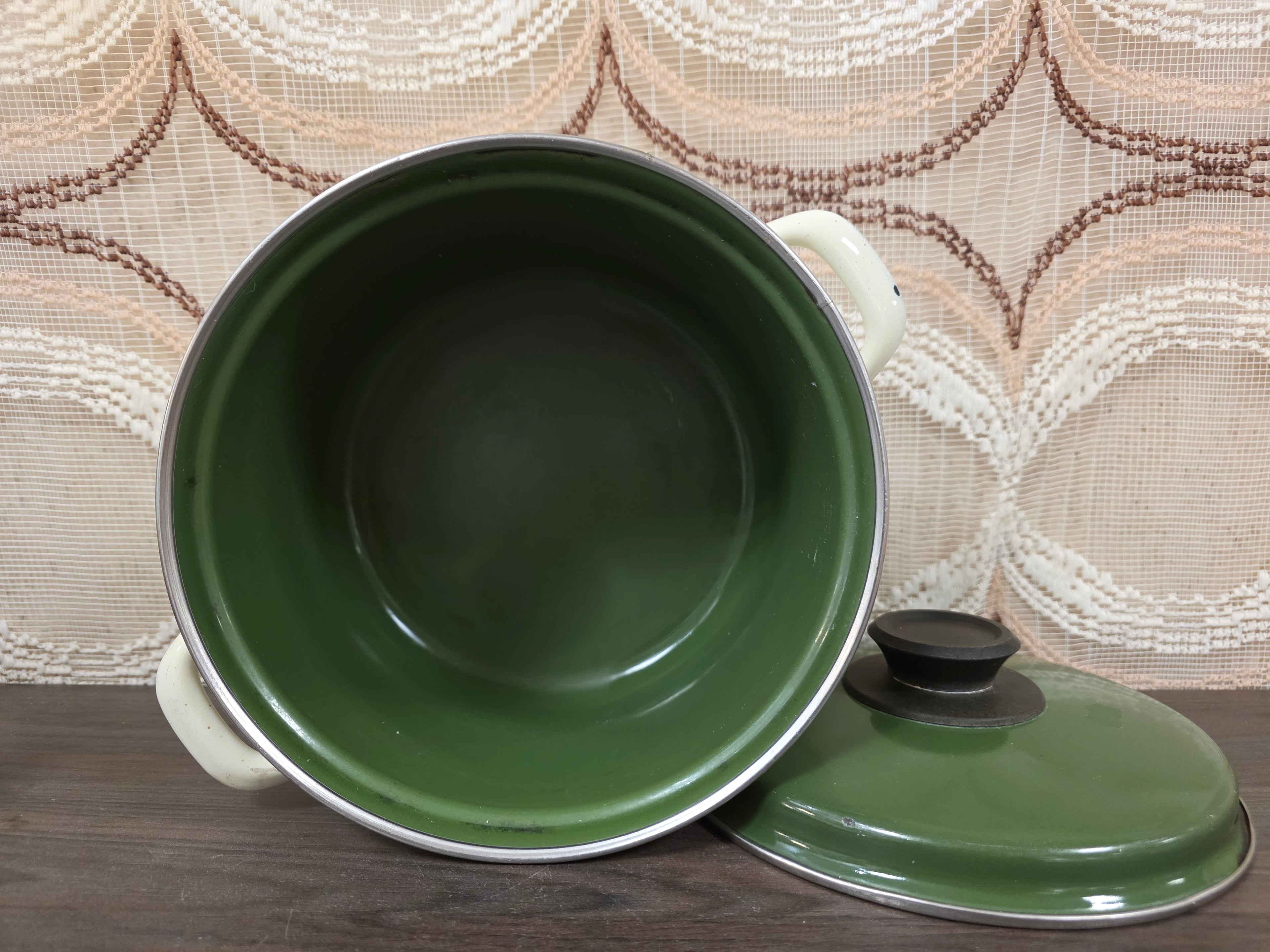 Vintage emaille pan met deksel groenteprint jaren 70