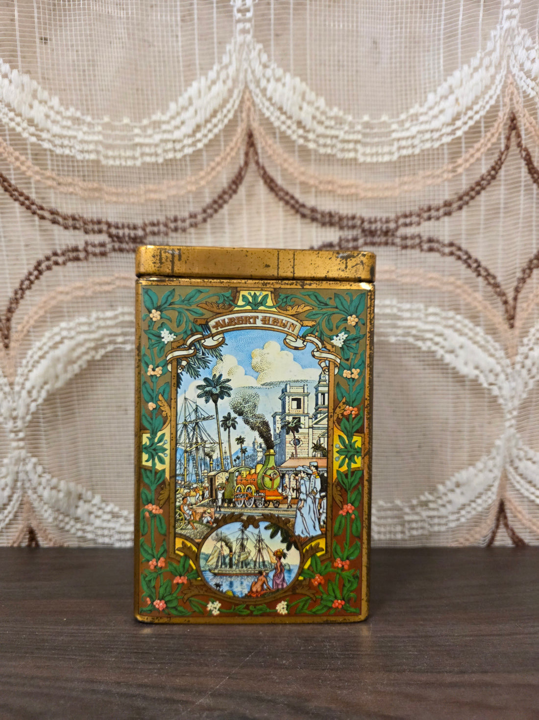 Vintage Albert Heijn Perla koffieblik met illustraties