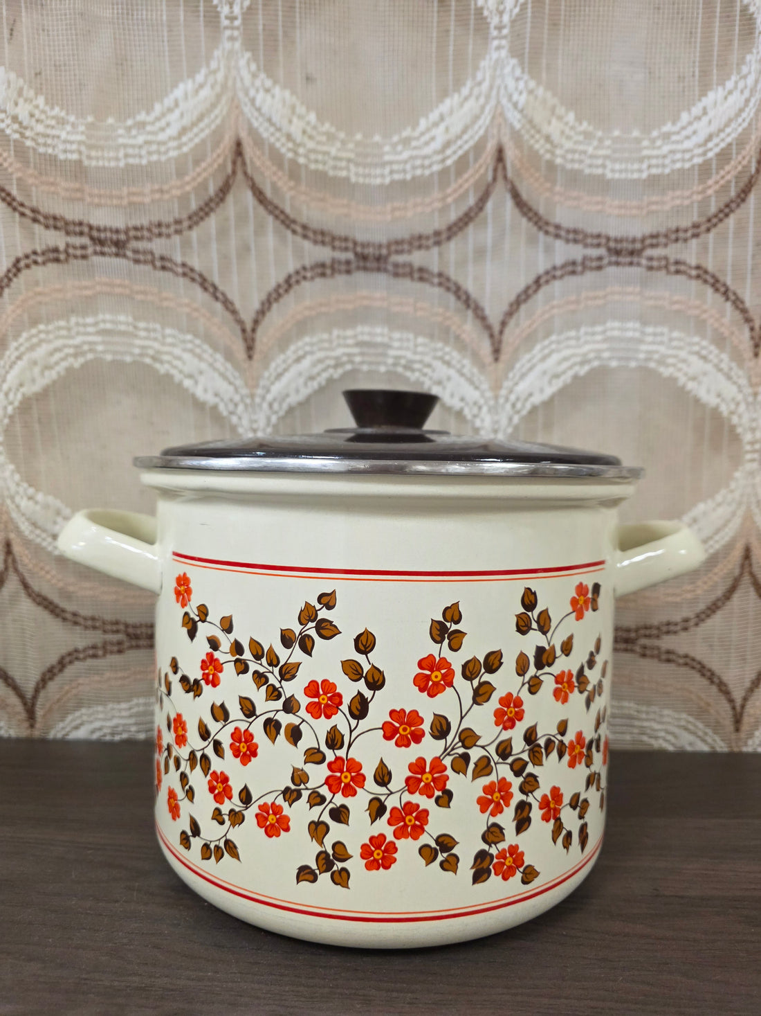 Emaille soeppan groot bloem oranje bruin