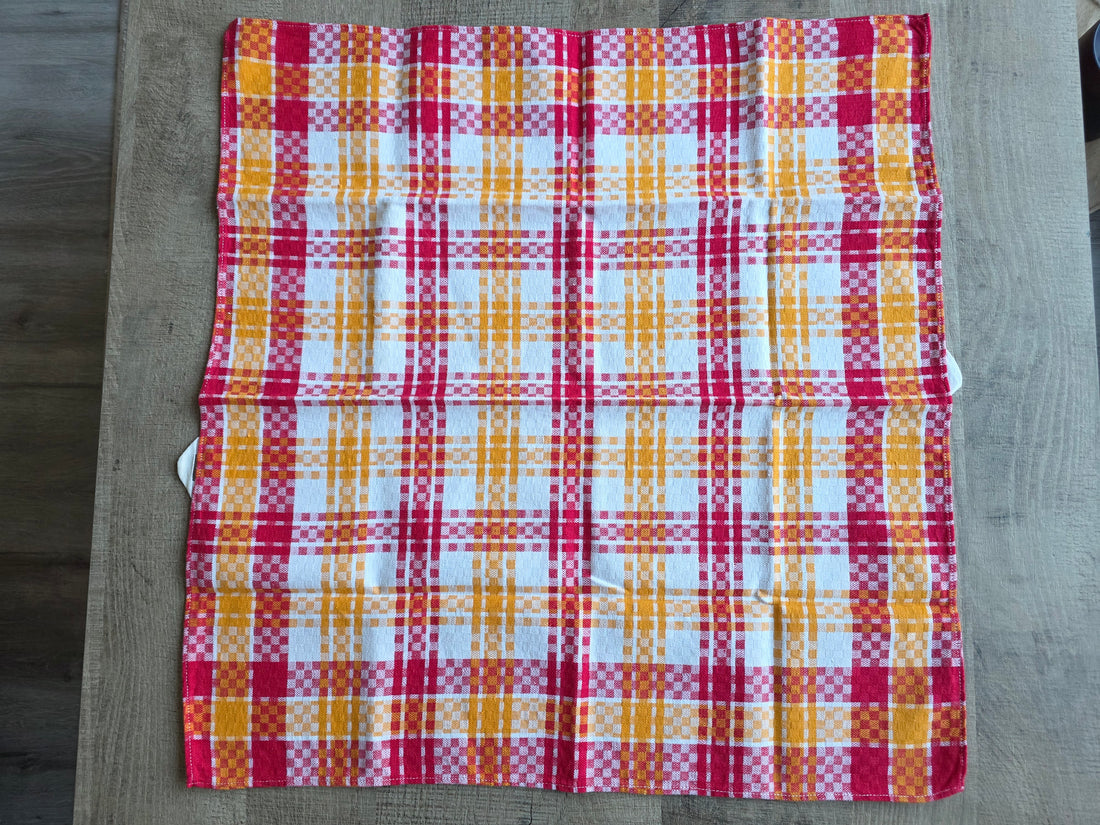 Vintage theedoek geruit rood oranje katoen