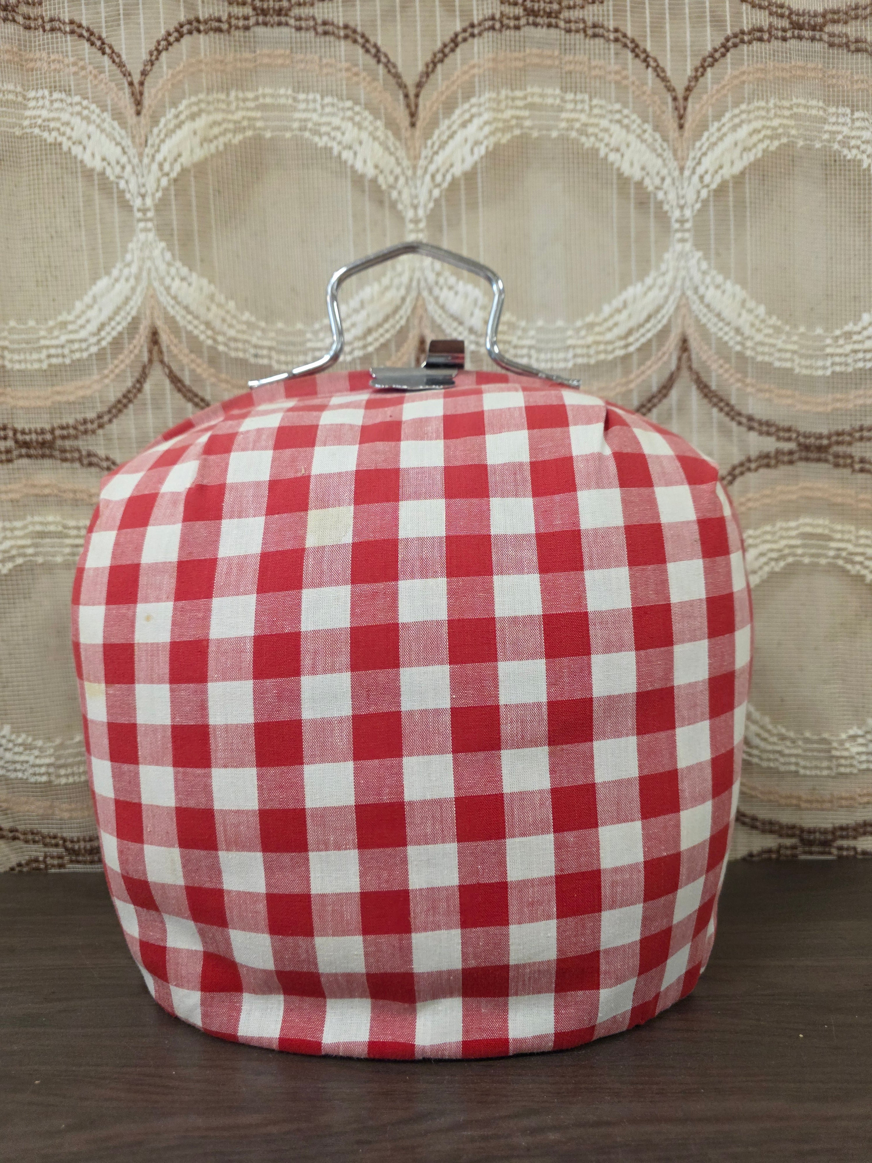 Vintage theebeurs met knip – rood wit geblokt