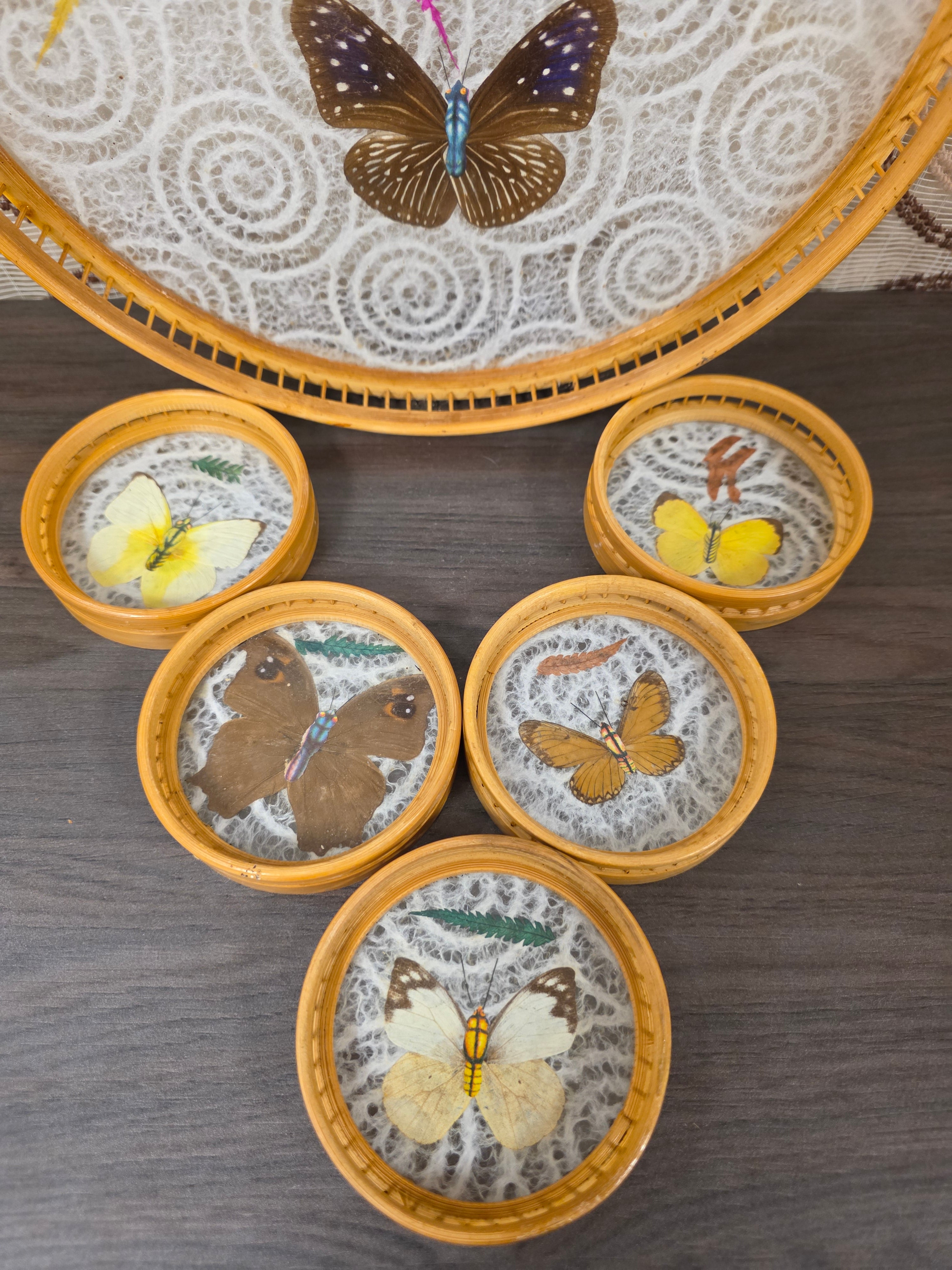 Vintage dienblad met onderzetters vlinders
