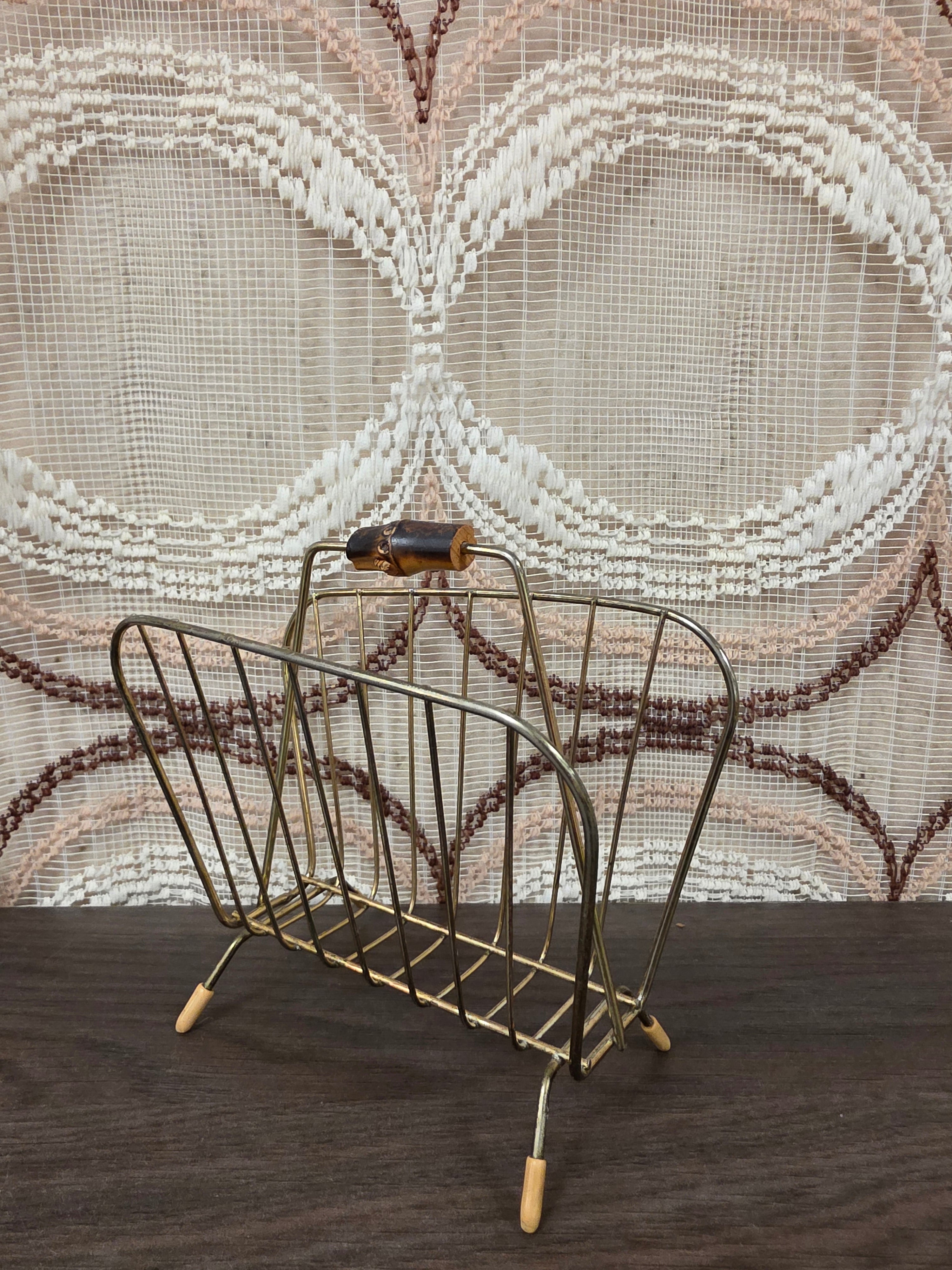 Vintage metalen servethouder met houten handgreep