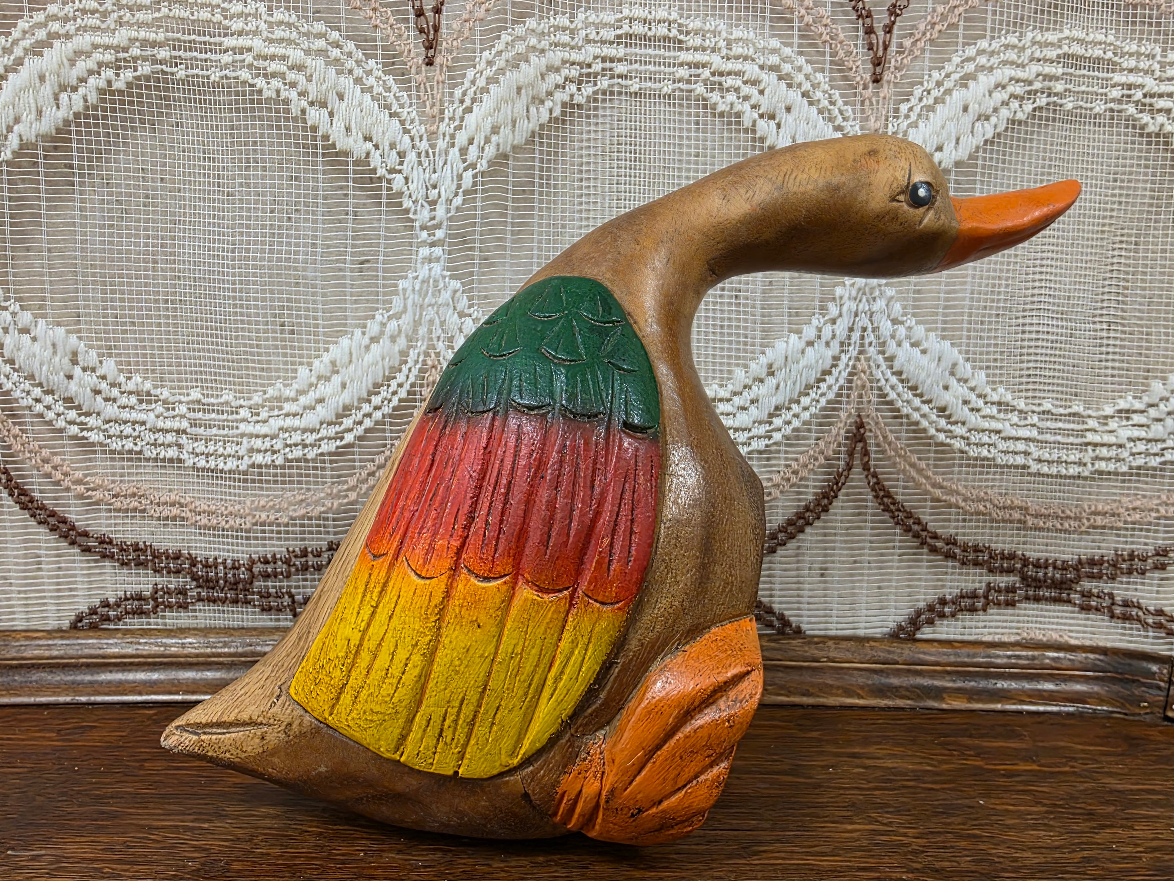 Vintage houten eend beeld massief hout