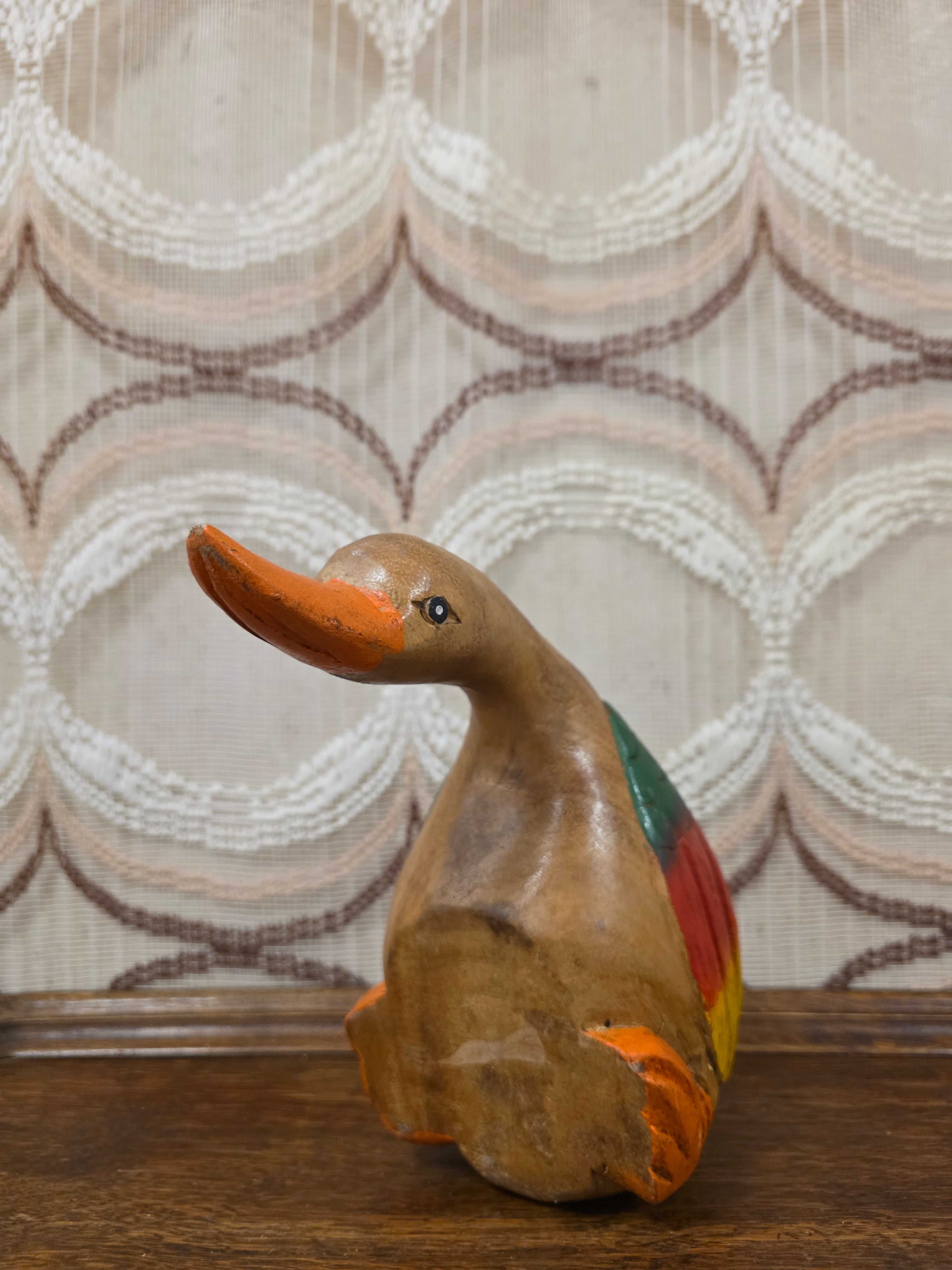 Vintage houten eend beeld massief hout