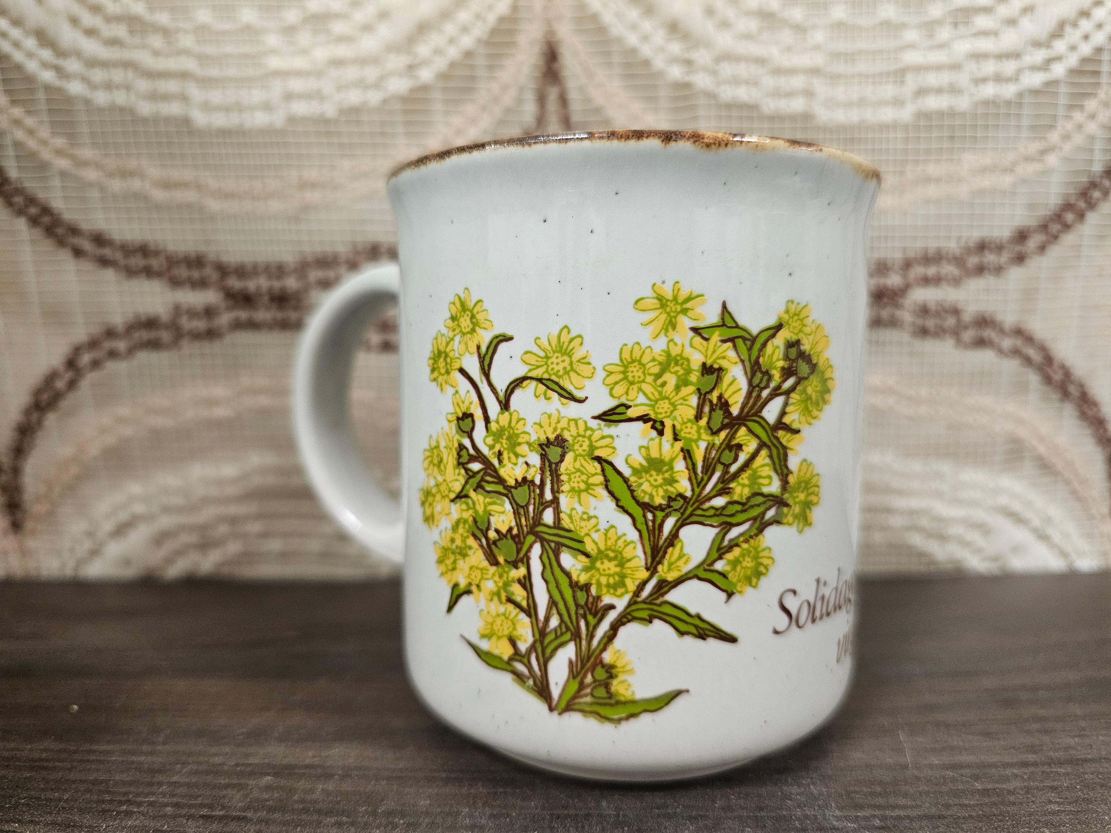 Vintage Becel mok met Solidago virgaurea bloem, Made in England