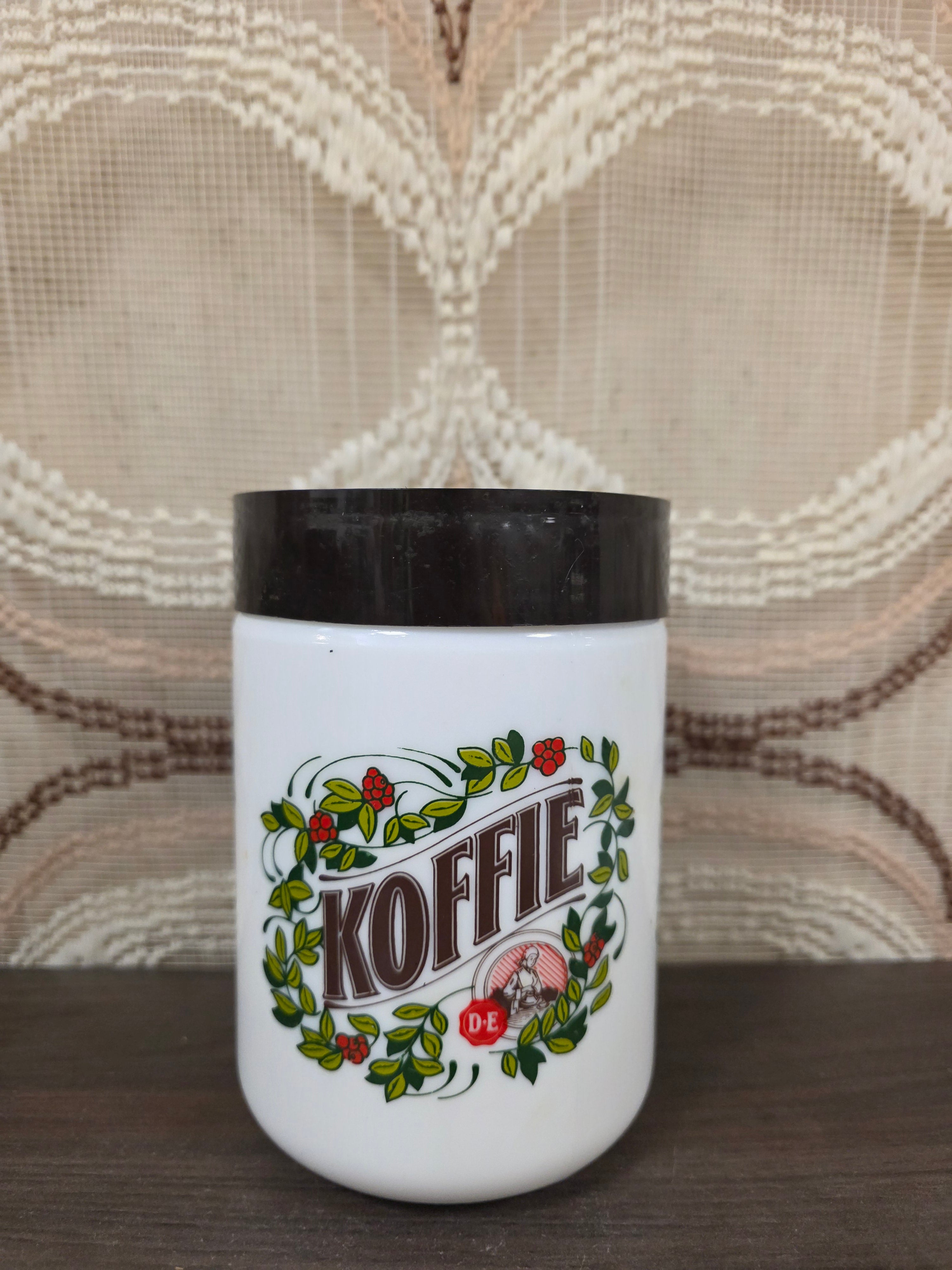 Opaline voorraadpot Douwe Egberts met opdruk koffie van wit glas