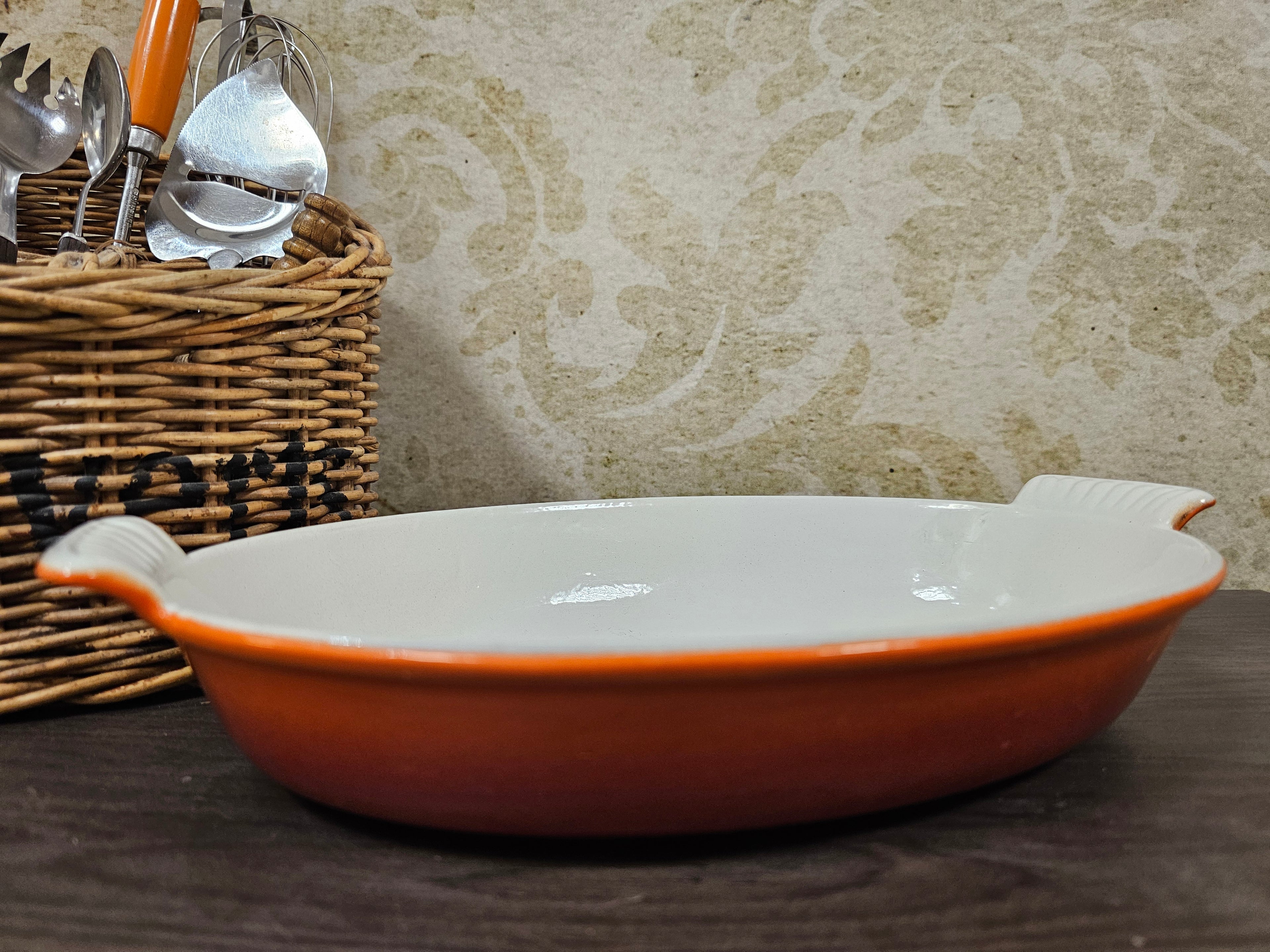 Vintage gietijzeren emaille ovenschaal oranje vermoedlijk merk DRU