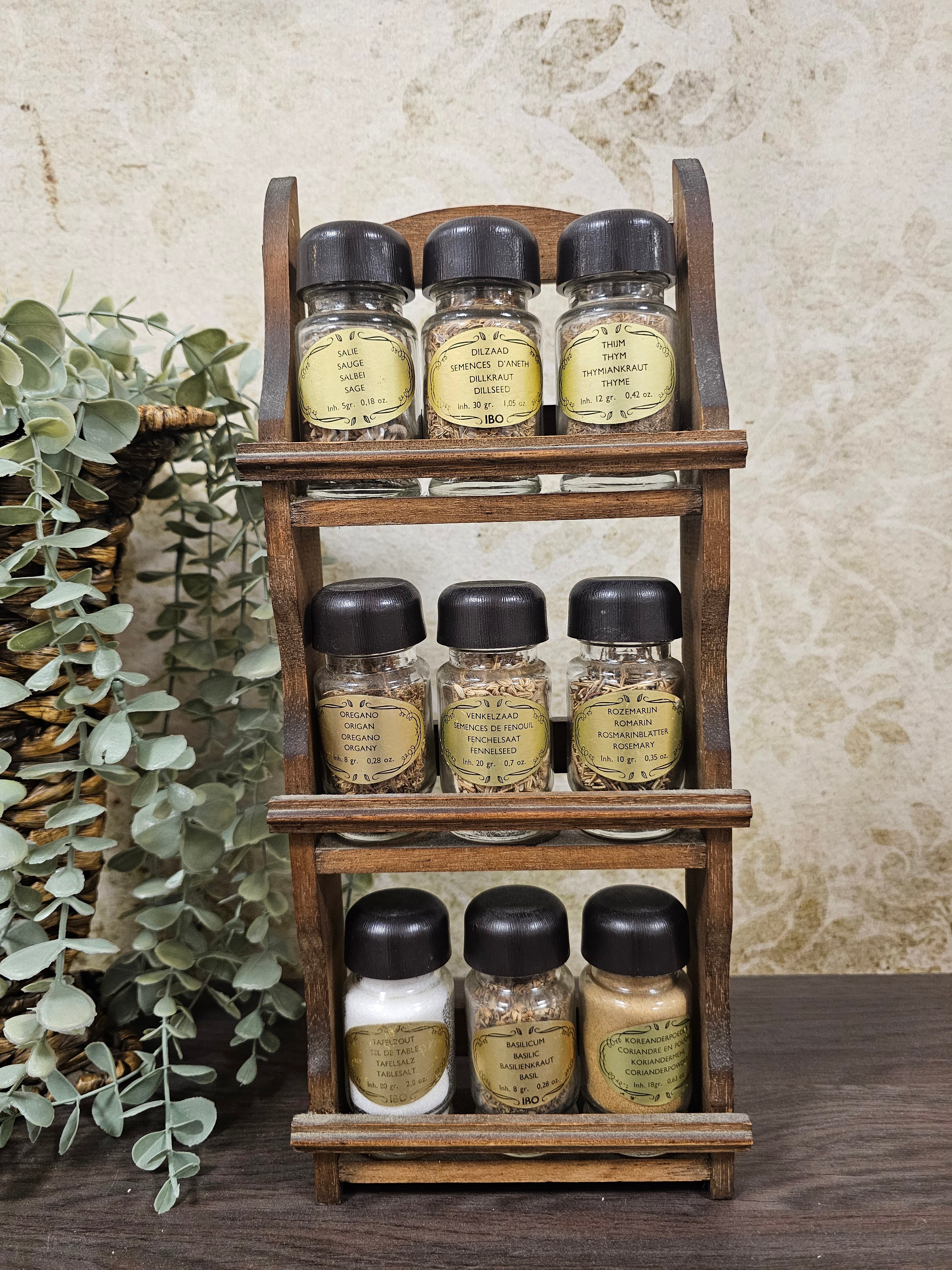 Vintage Houten kruidenpotjes rek