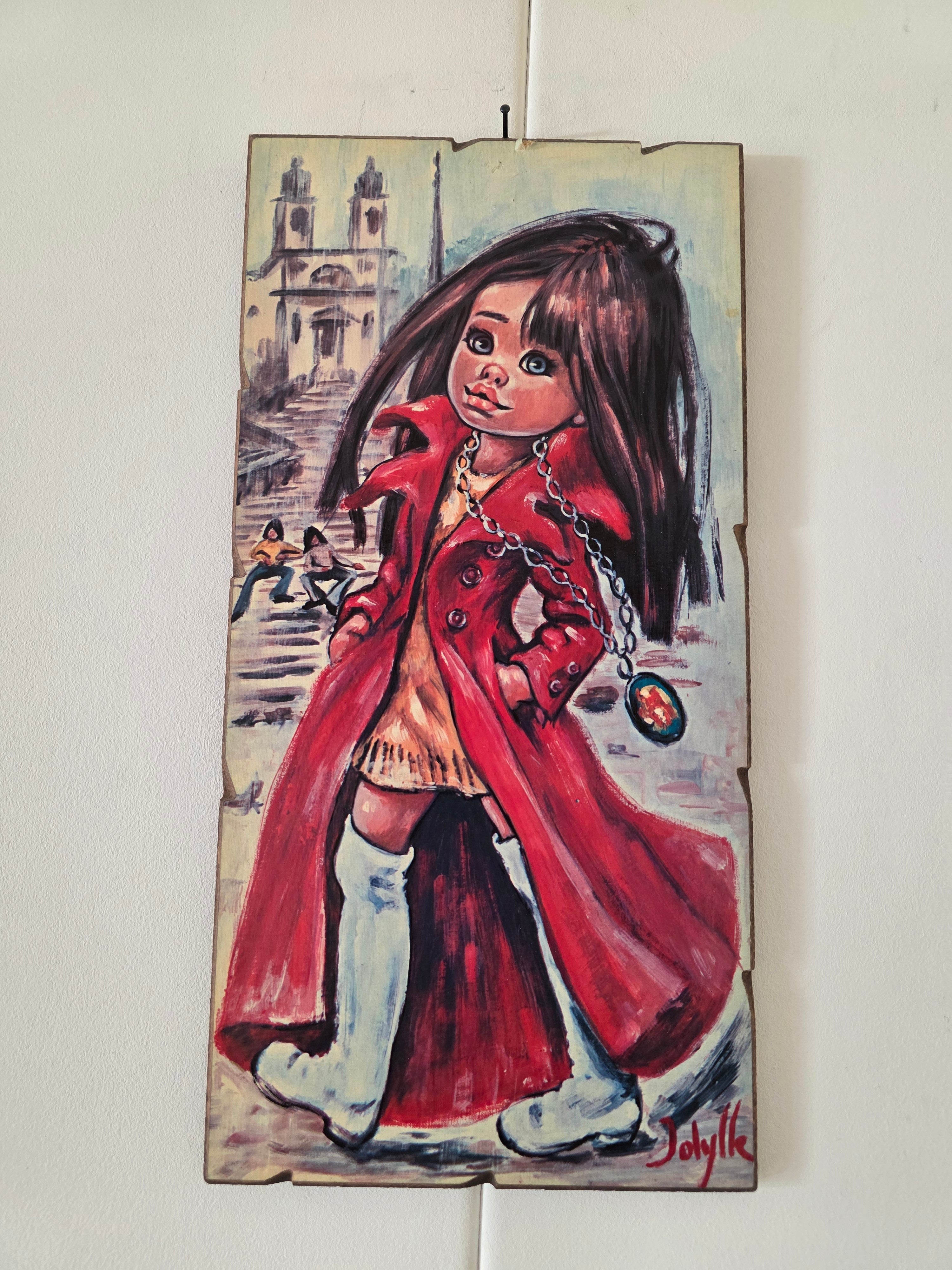 Vintage wandplaat Jolylle meisje met rode jas op hardboard