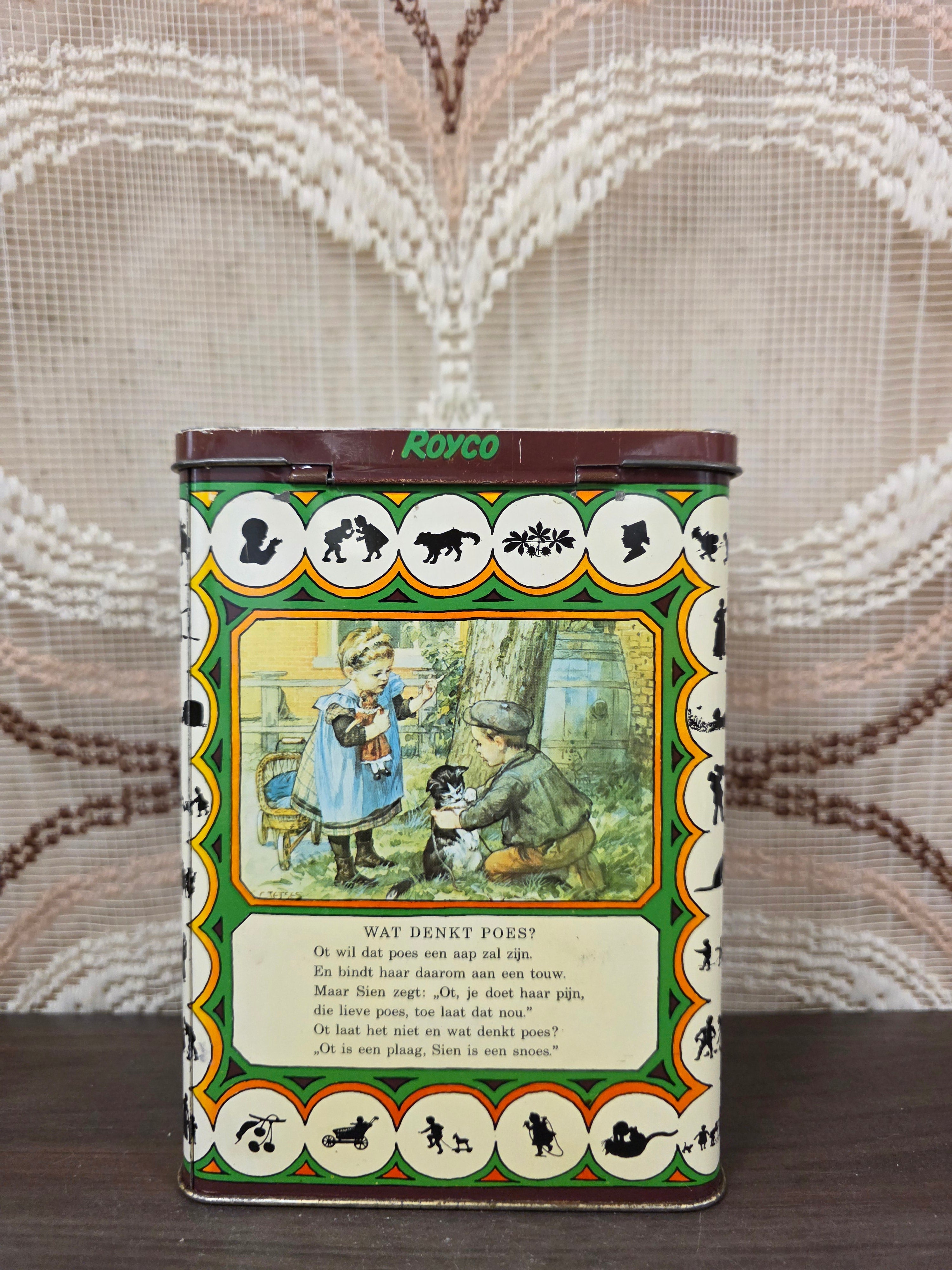 Groen vintage Royco blik met Ot en Sien illustraties en scharnierend deksel
