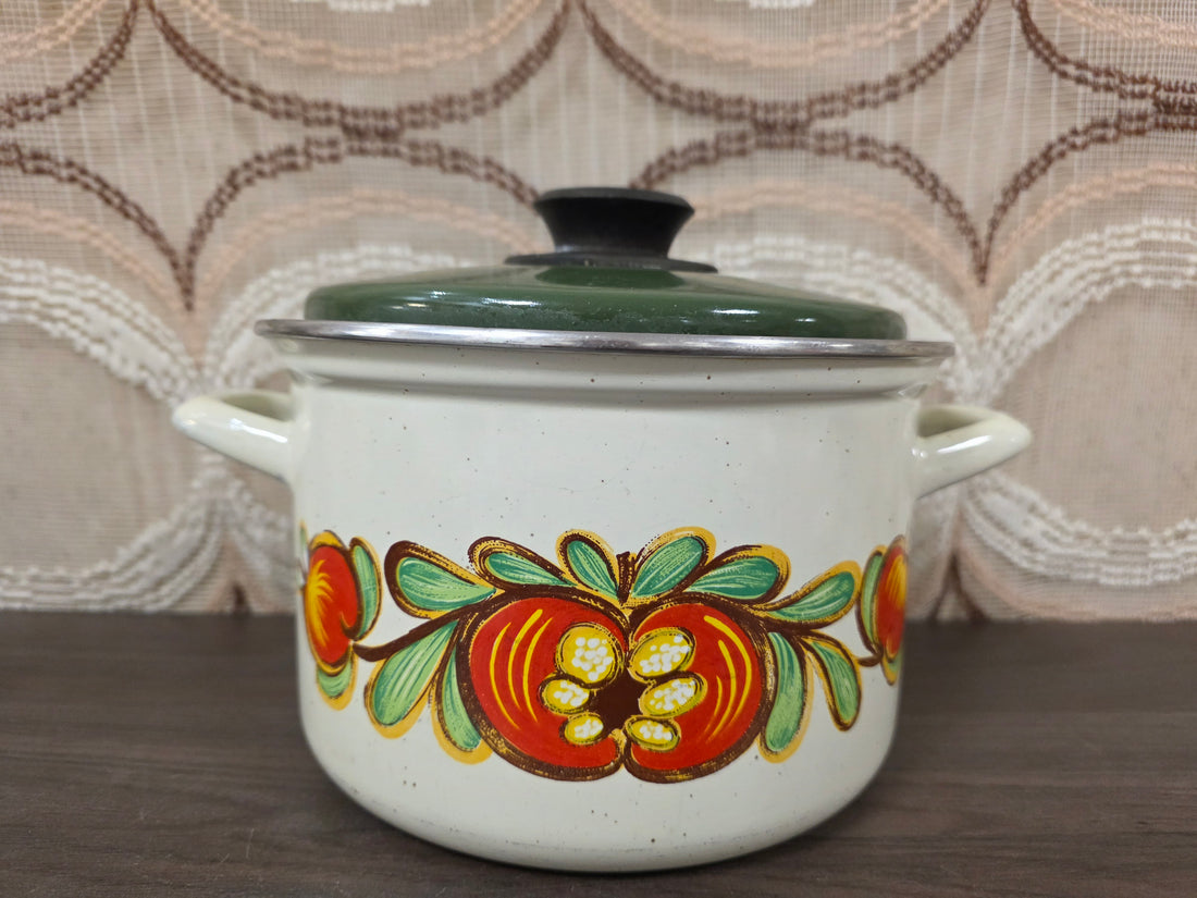 Vintage emaille pan met deksel en groenteprint jaren 70