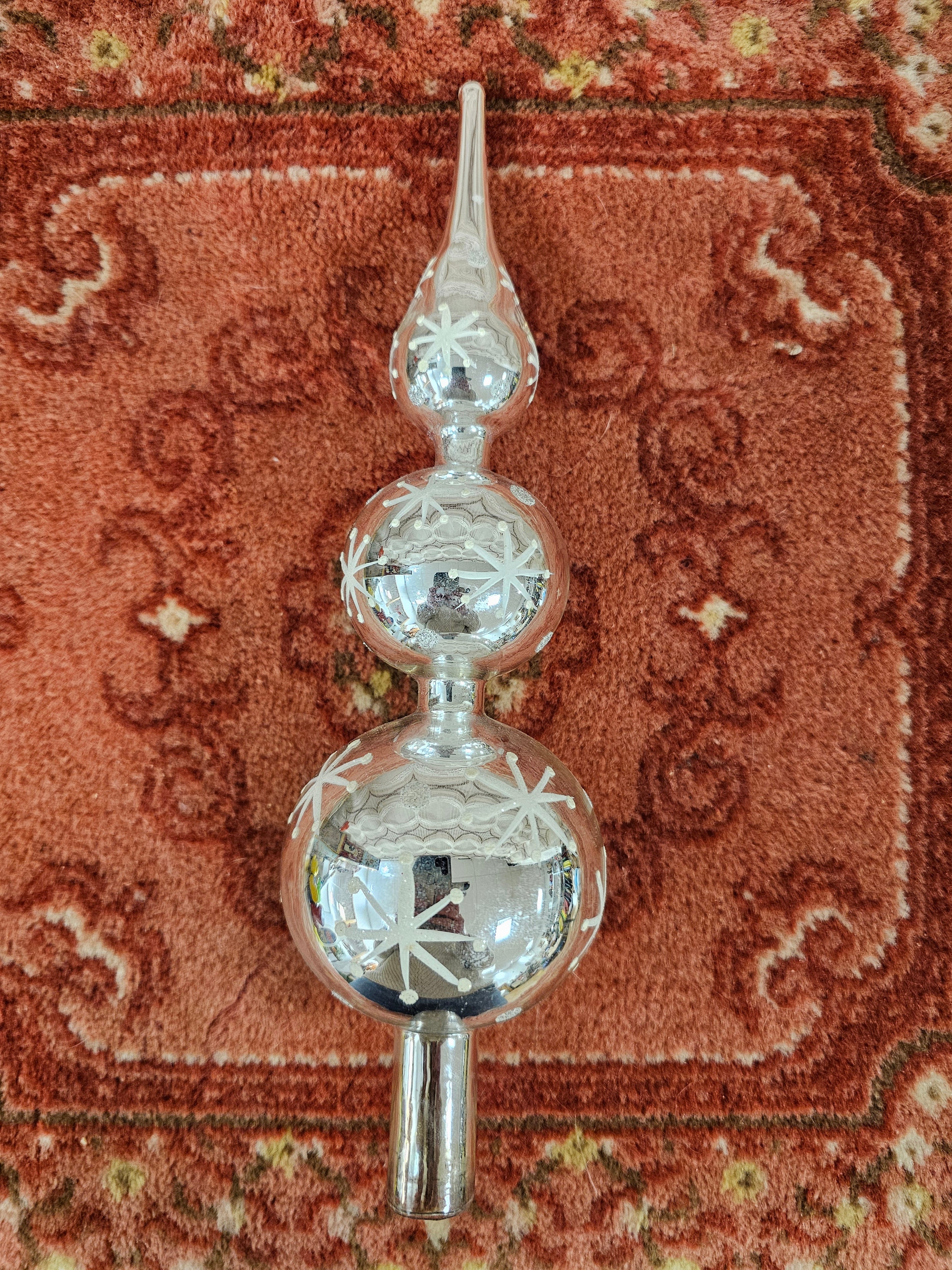 Vintage kerstpiek van glas – zilver met witte sterren – ca. 29 cm hoog