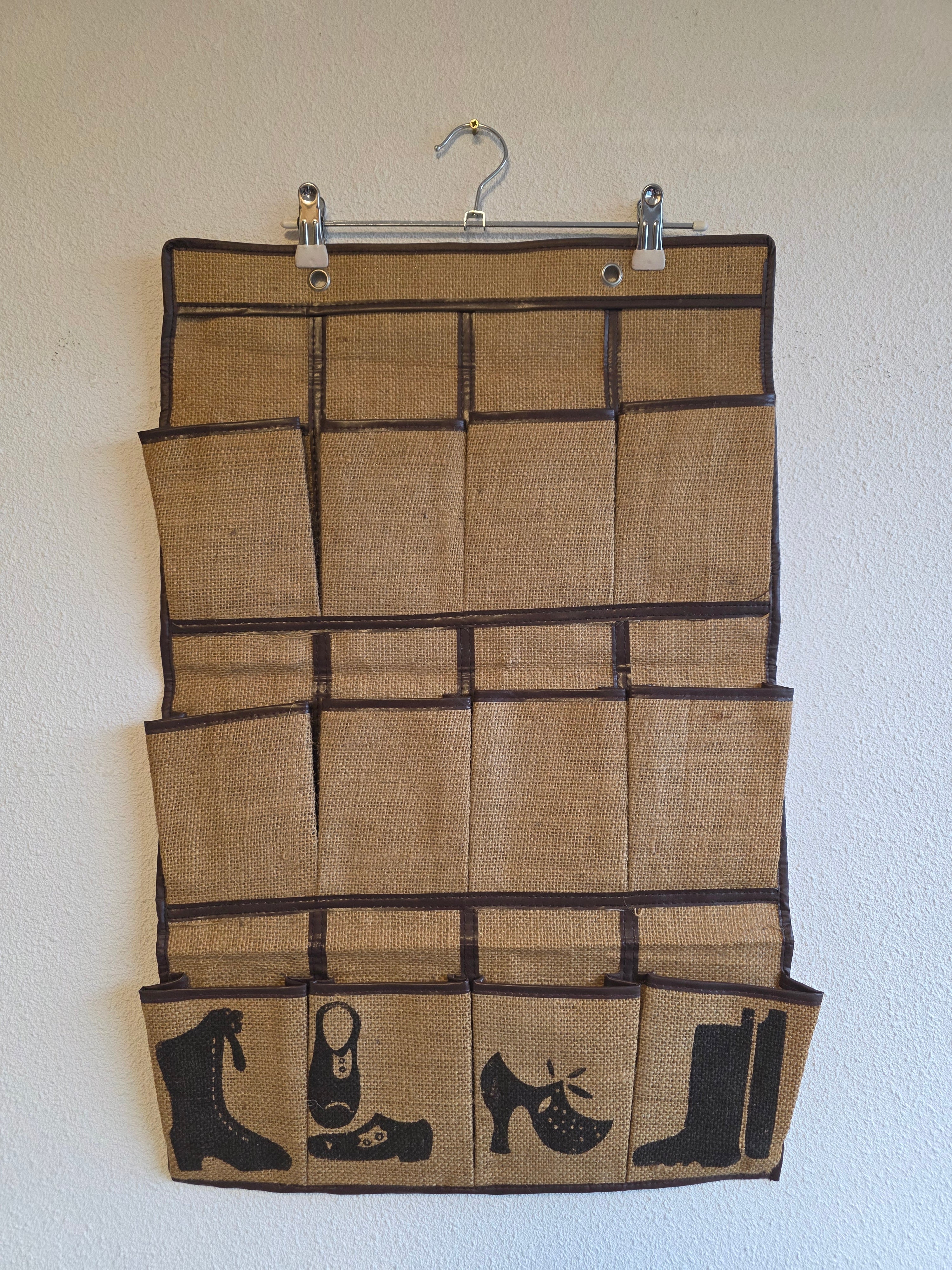 Vintage jute hangende opberger met vakken voor schoenen 67 x 43,5 cm