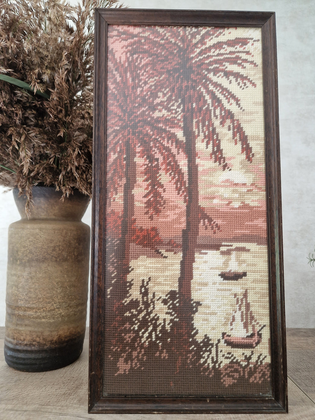 Vintage ingelijst borduurwerk "ondergaande zon"