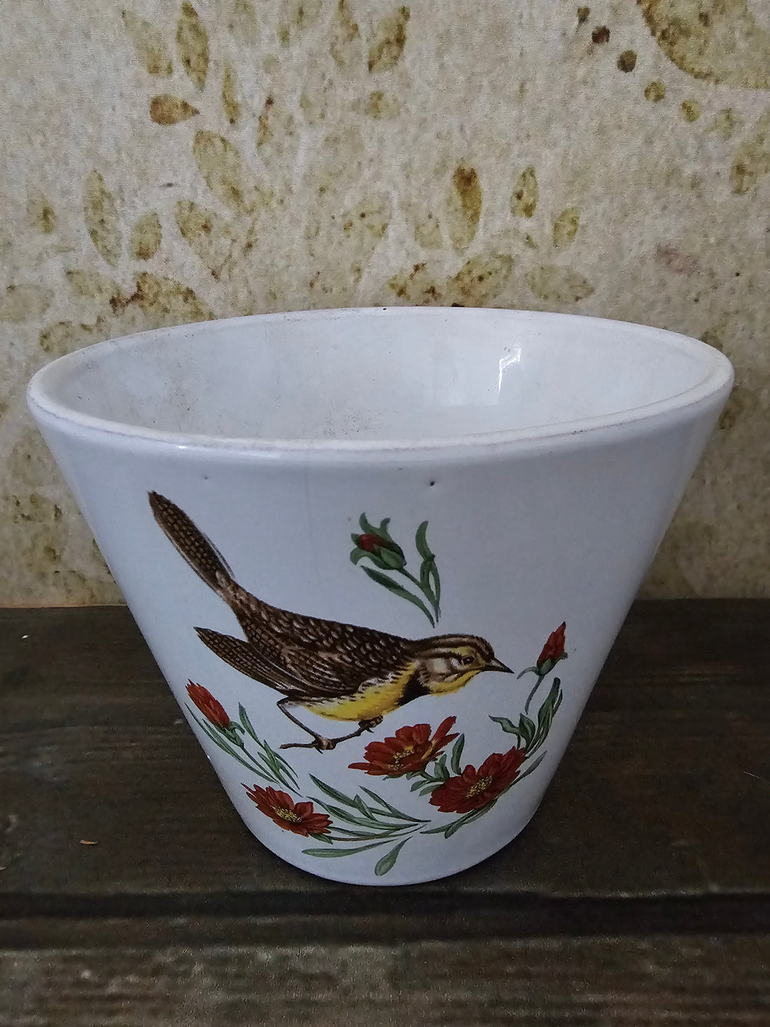 Vintage witte Adco bloempot met vogels