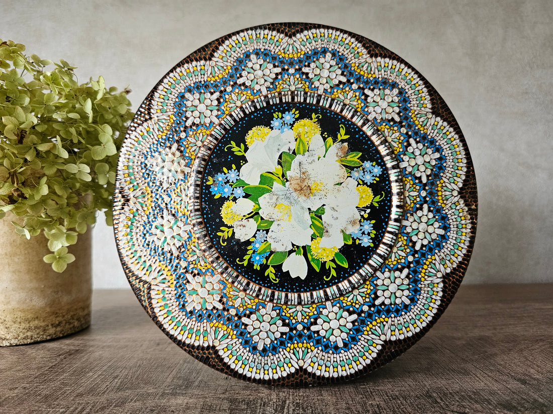 Vintage koektrommel mozaïek kraaltjes blik