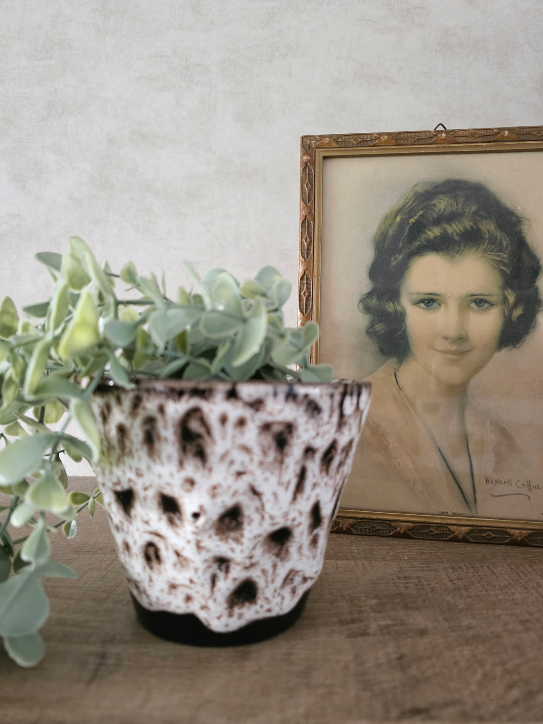 Vintage fat lava bloempotje bruin wit