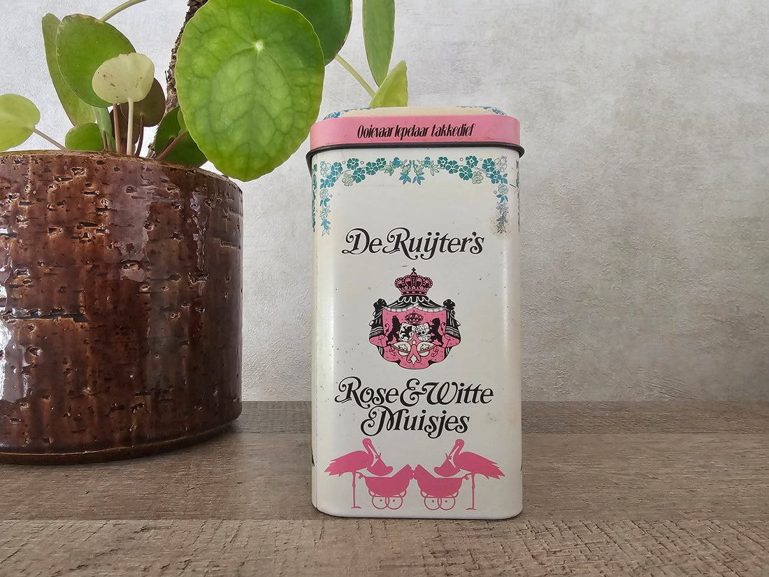 Vintage blik De Ruijter rose &amp; witte muisjes