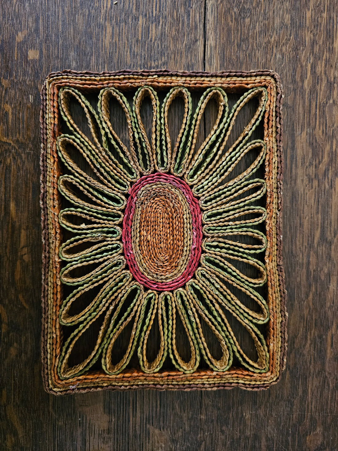 Raffia onderzetter rechthoek bruin groen