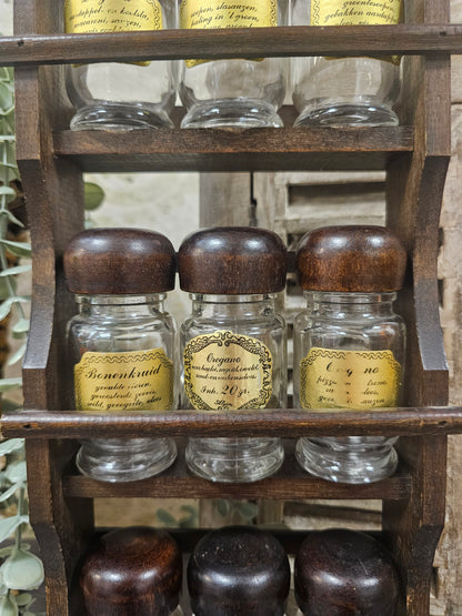 Houten kruidenrek 9 glazen kruidenpotjes