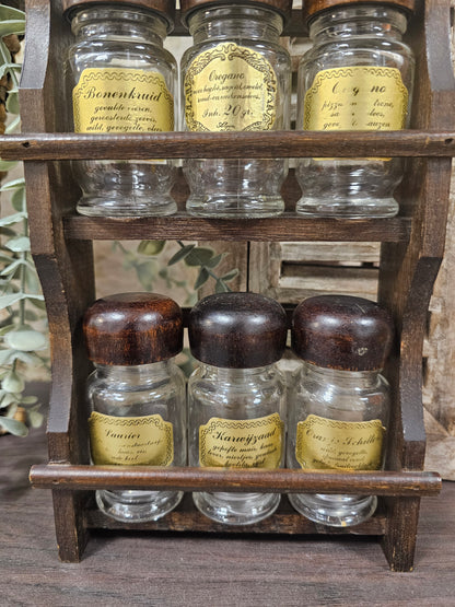 Houten kruidenrek 9 glazen kruidenpotjes