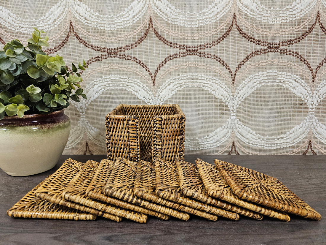 Birma rieten onderzetters – set van 10 met houder