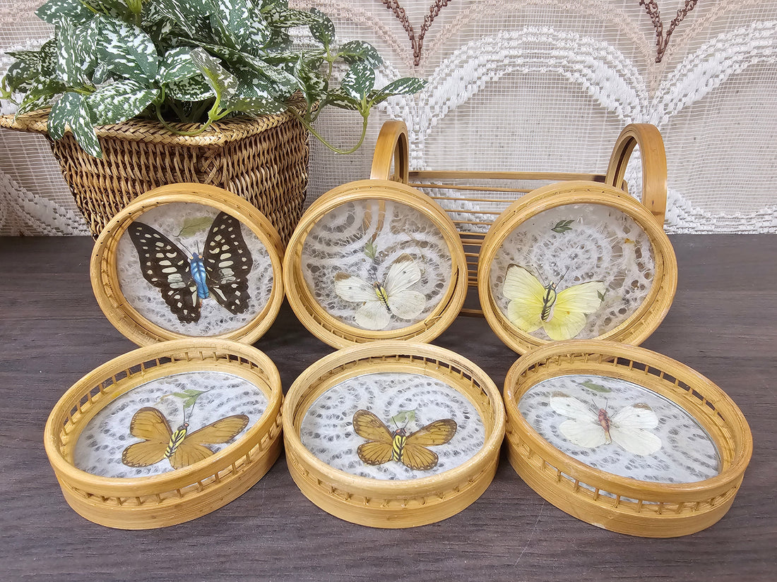 Bamboe vintage onderzetters met vlinders