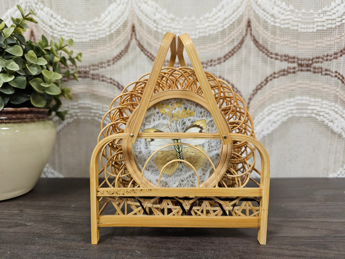 Vintage bamboe onderzetters met vlinders – set van 6 in houder