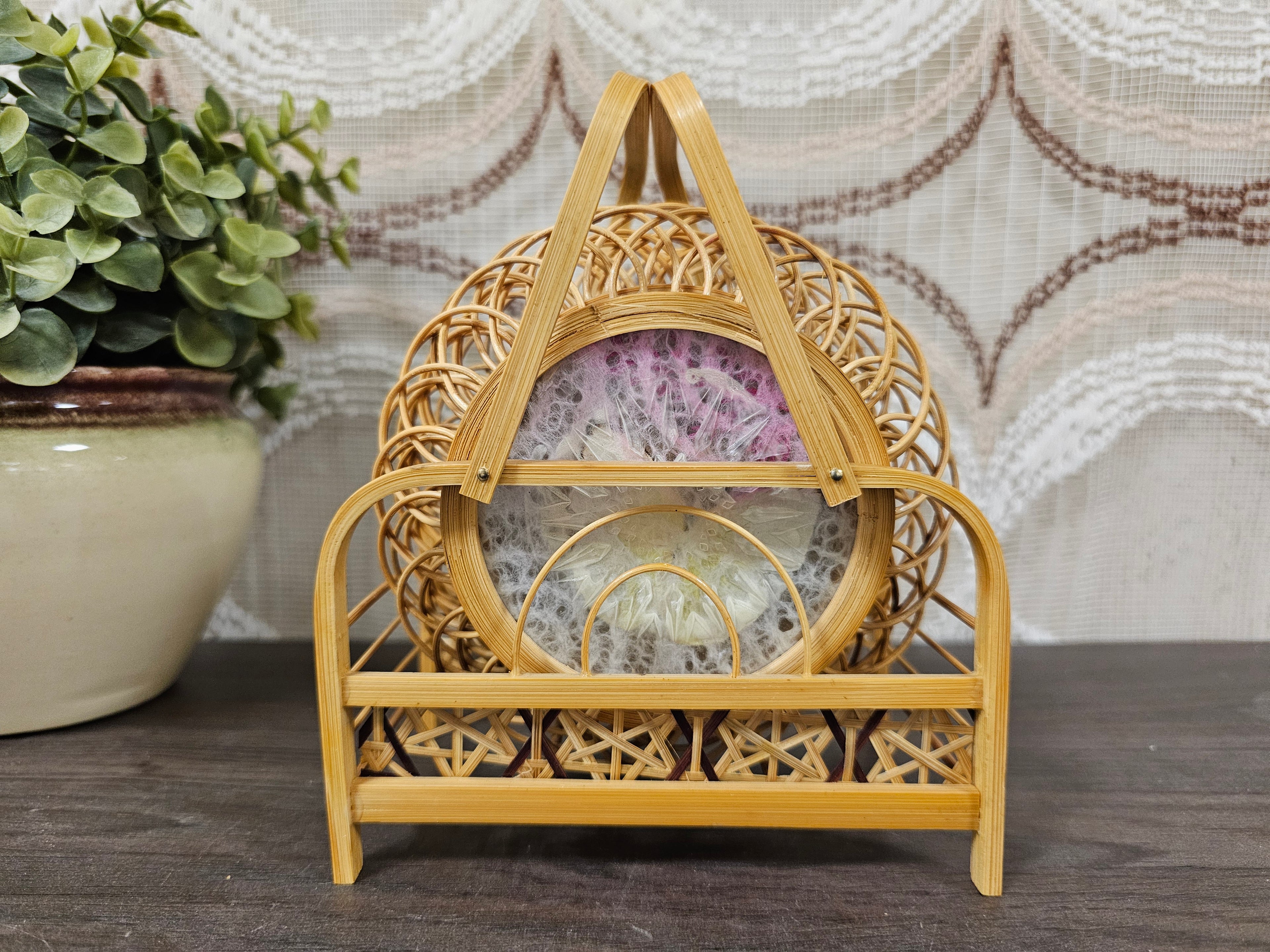 Vintage bamboe onderzetters met vlinders – set van 6 in houder