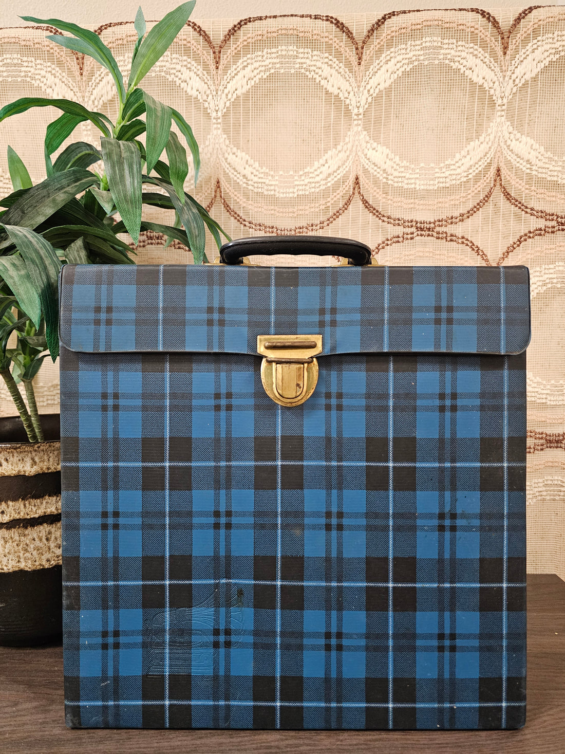 Platenkoffer blauw geruit