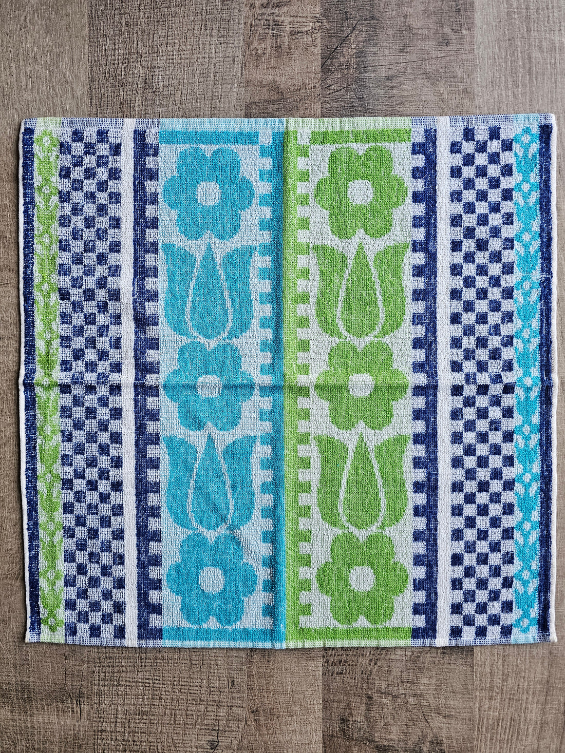 Vintage keuken handdoek blauw groen bloemen