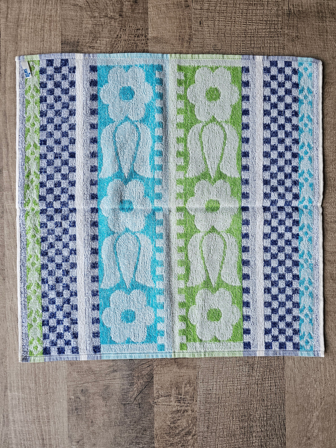 Vintage keuken handdoek blauw groen bloemen