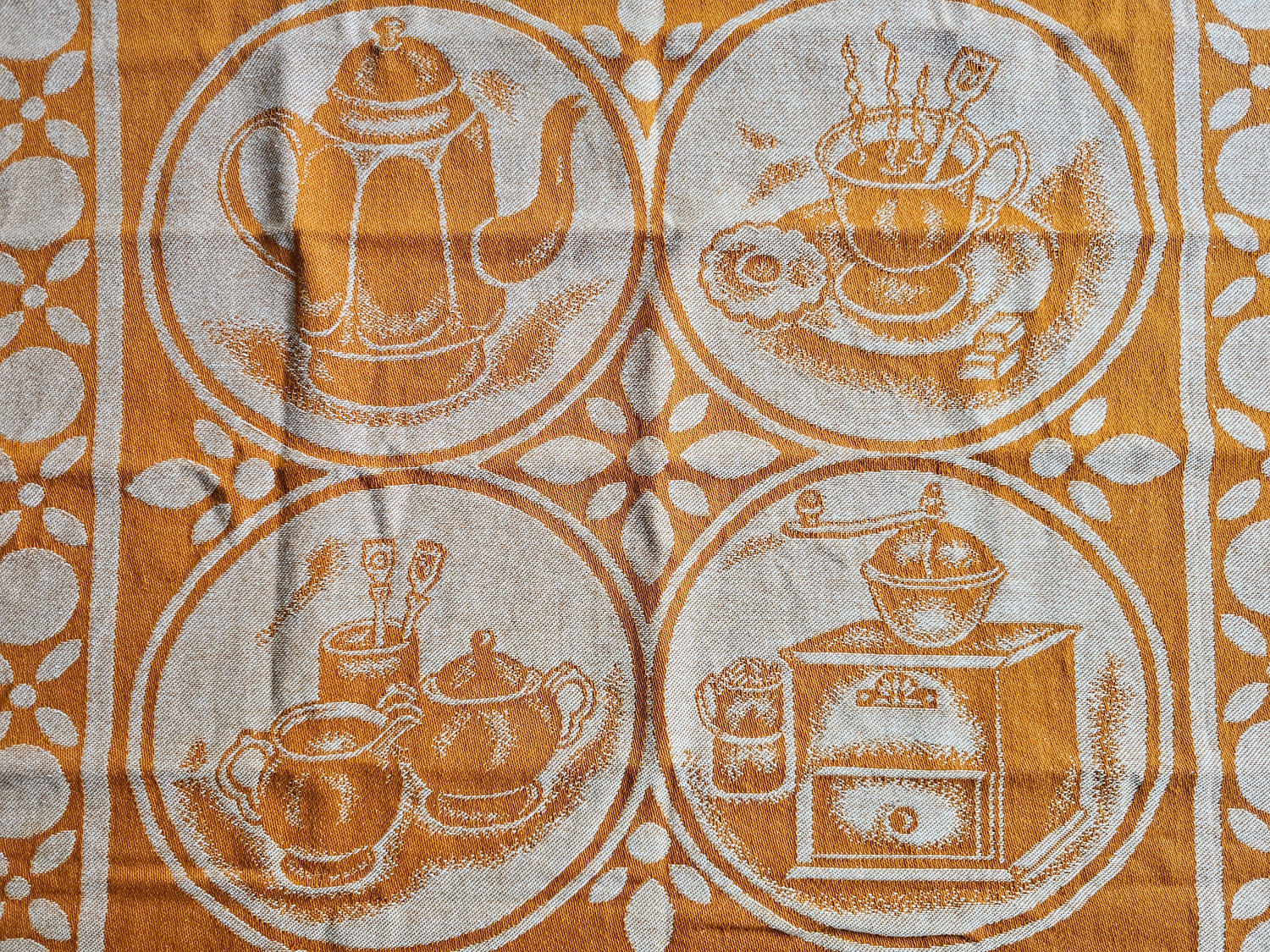 Oranje katoenen theedoek koffie en thee print 56 x 62 cm