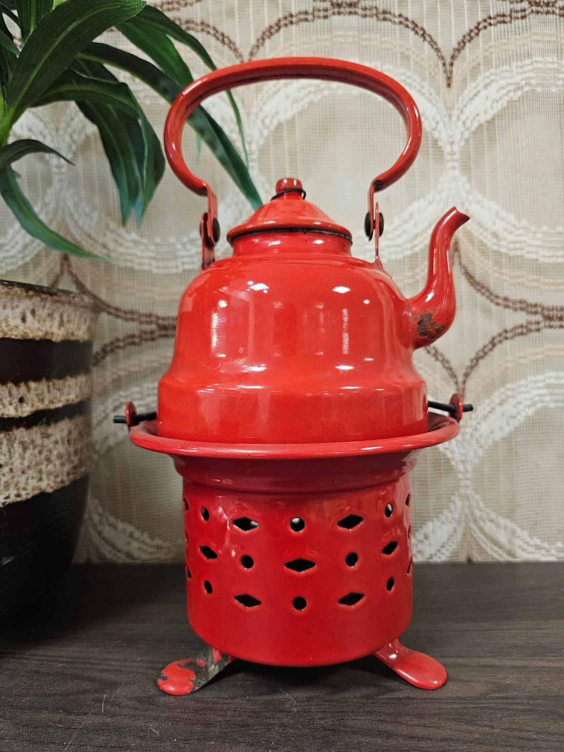 Vintage emaille rode ketel met rechaud