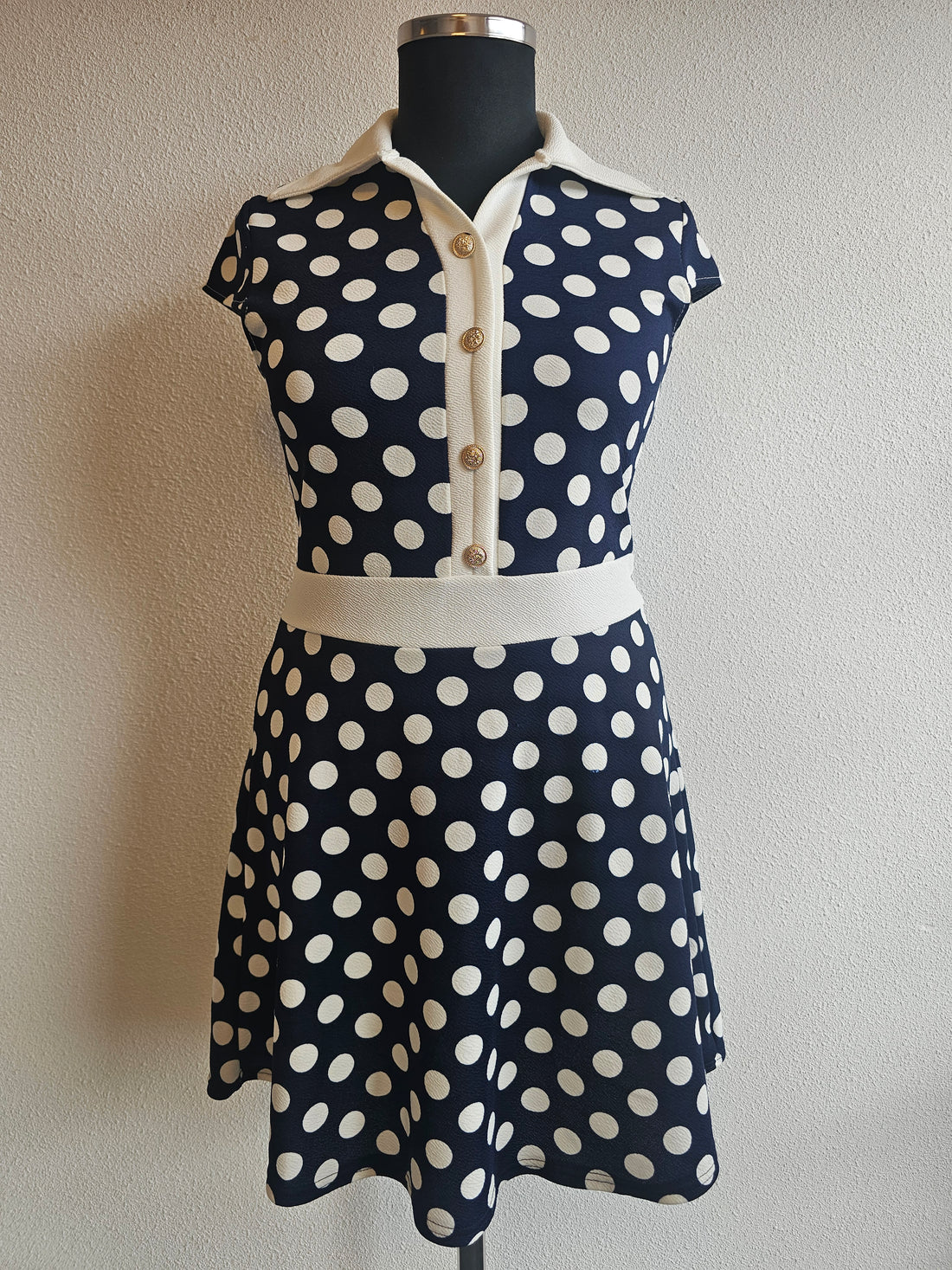 Retro donkerblauw witte polkadot jurk