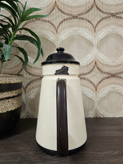 Emaille koffiepot cremekleur met zwart