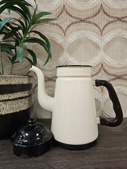 Emaille koffiepot cremekleur met zwart