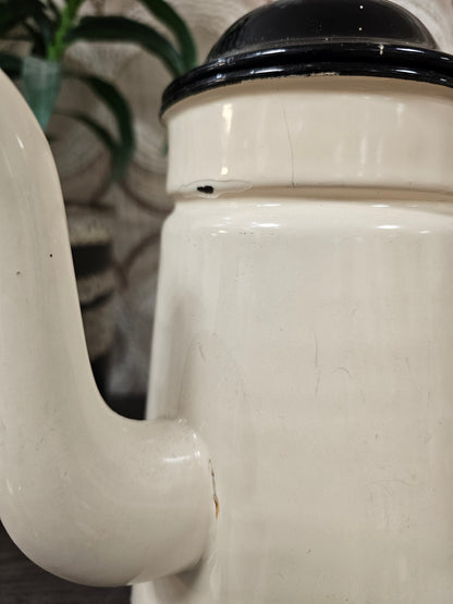 Emaille koffiepot cremekleur met zwart