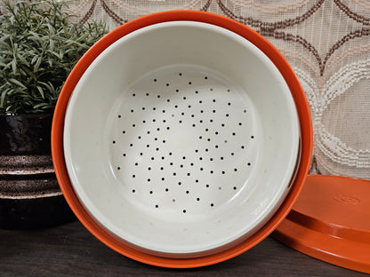 Vintage Tupperware serveerwonder roestbruin – met vergiet en deksel