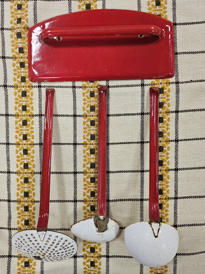 Vintage emaille lepelrek rood compleet met lepels