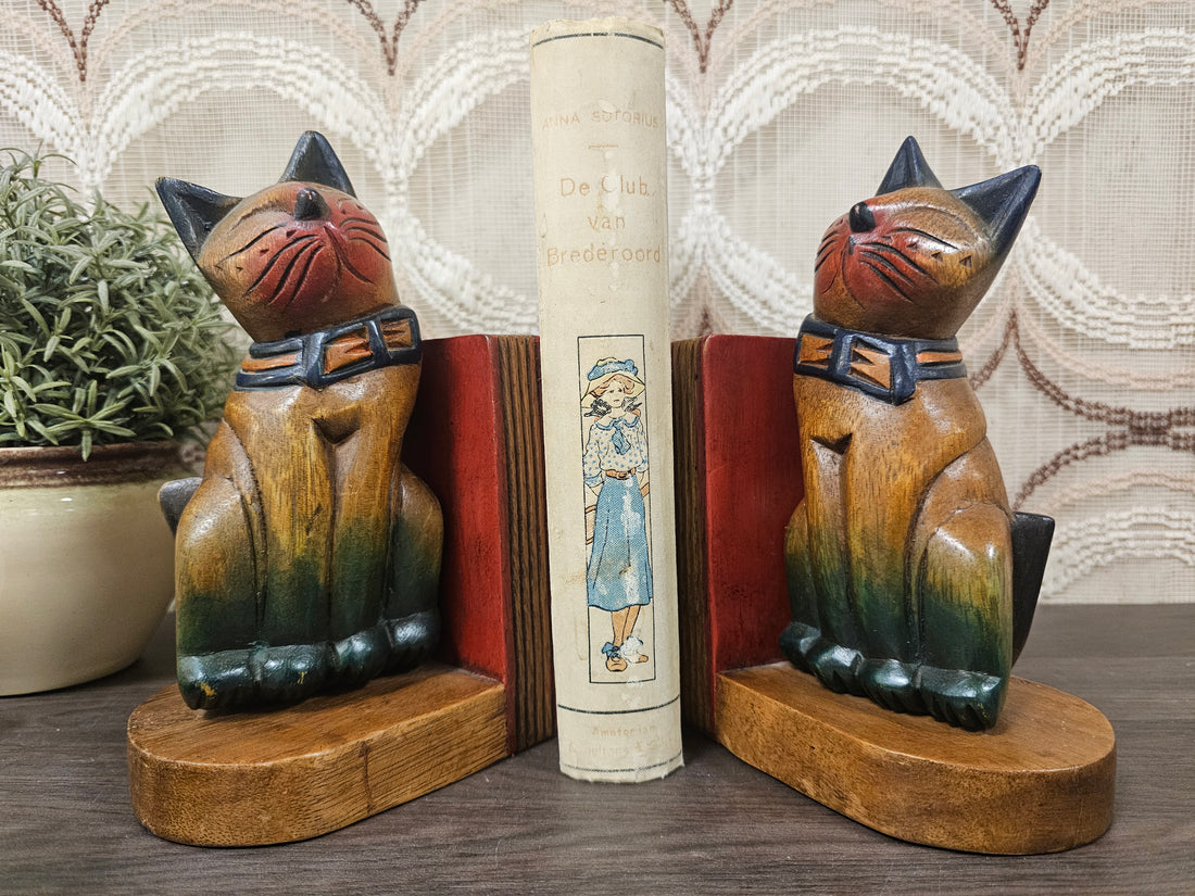 Houten katten boekensteunen – vintage set jaren 60