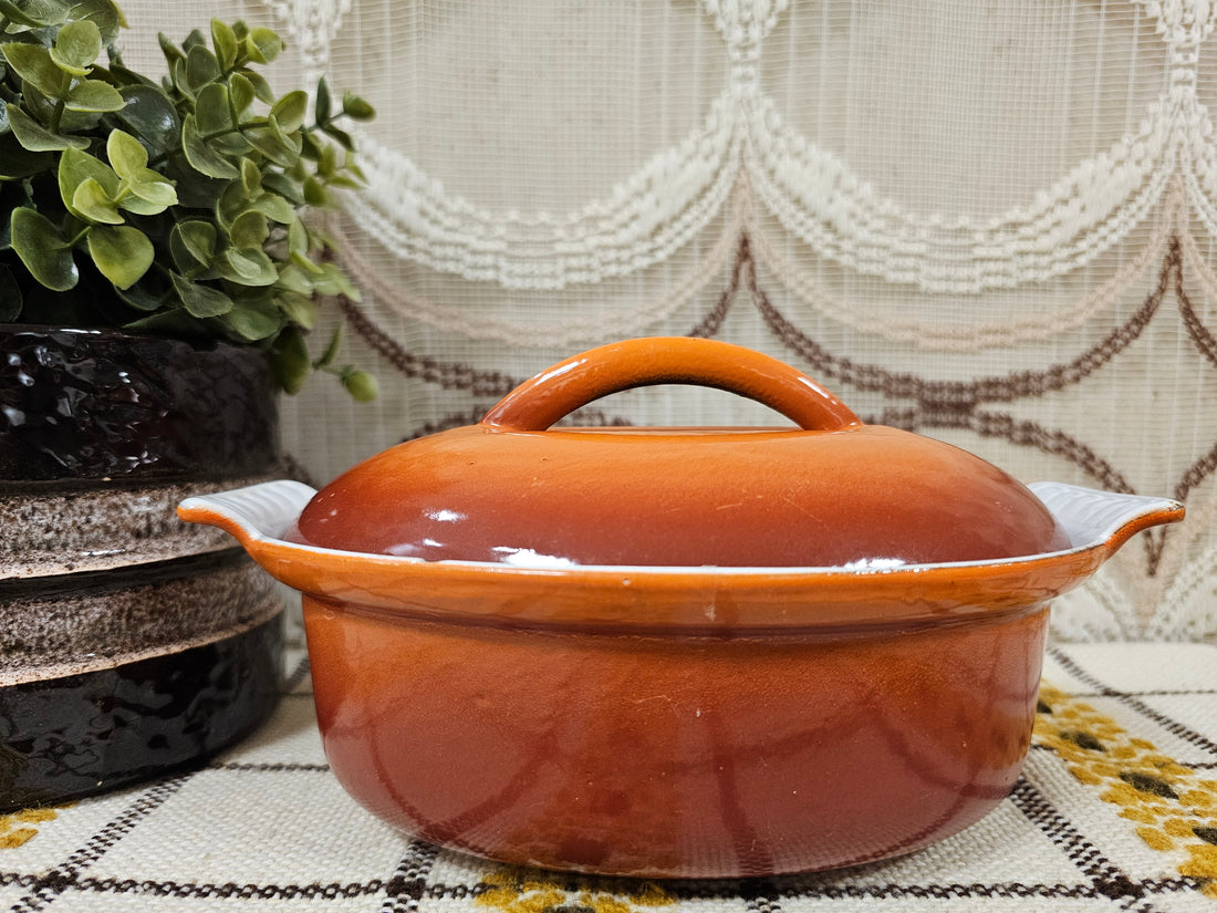 DRU oranje ovenschaal met deksel  geëmailleerd gietijzer Made in Holland