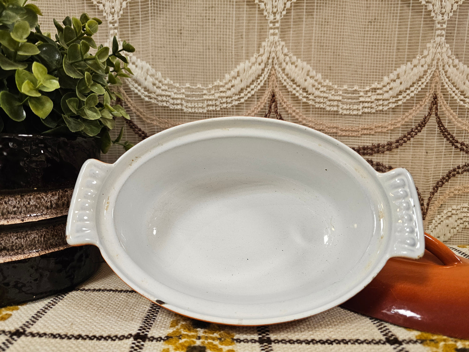 DRU oranje ovenschaal met deksel  geëmailleerd gietijzer Made in Holland