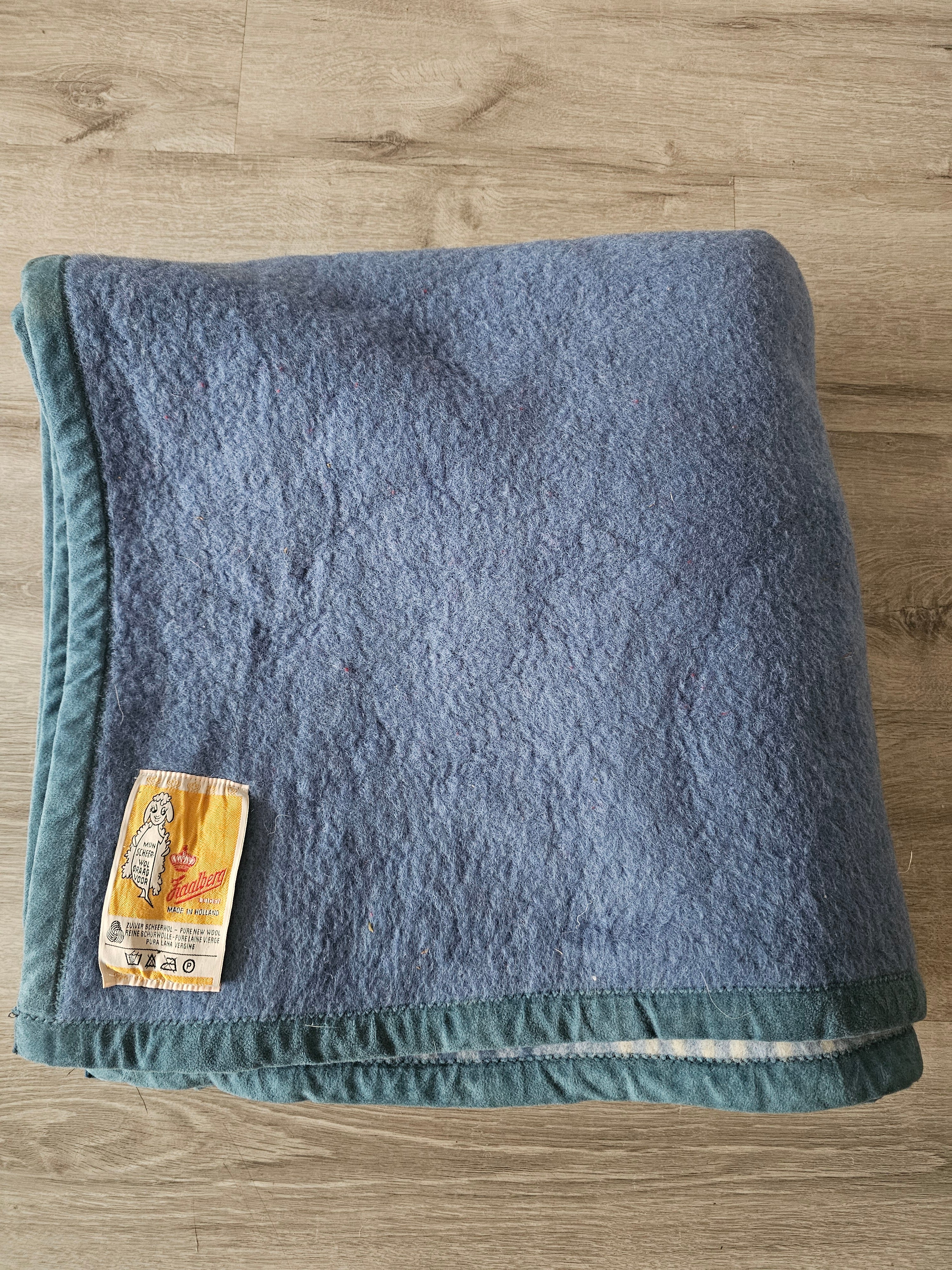 Vintage Zaalberg wollen deken blauw gestreept/effen – 208 × 215 cm