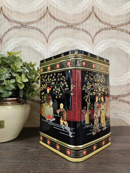 Vintage theeblik zwart, rood en goud 19x12,5x12,5 cm