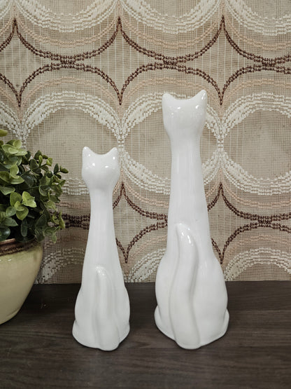 Set witte keramieken langnek katten 26,5 en 20 cm hoog