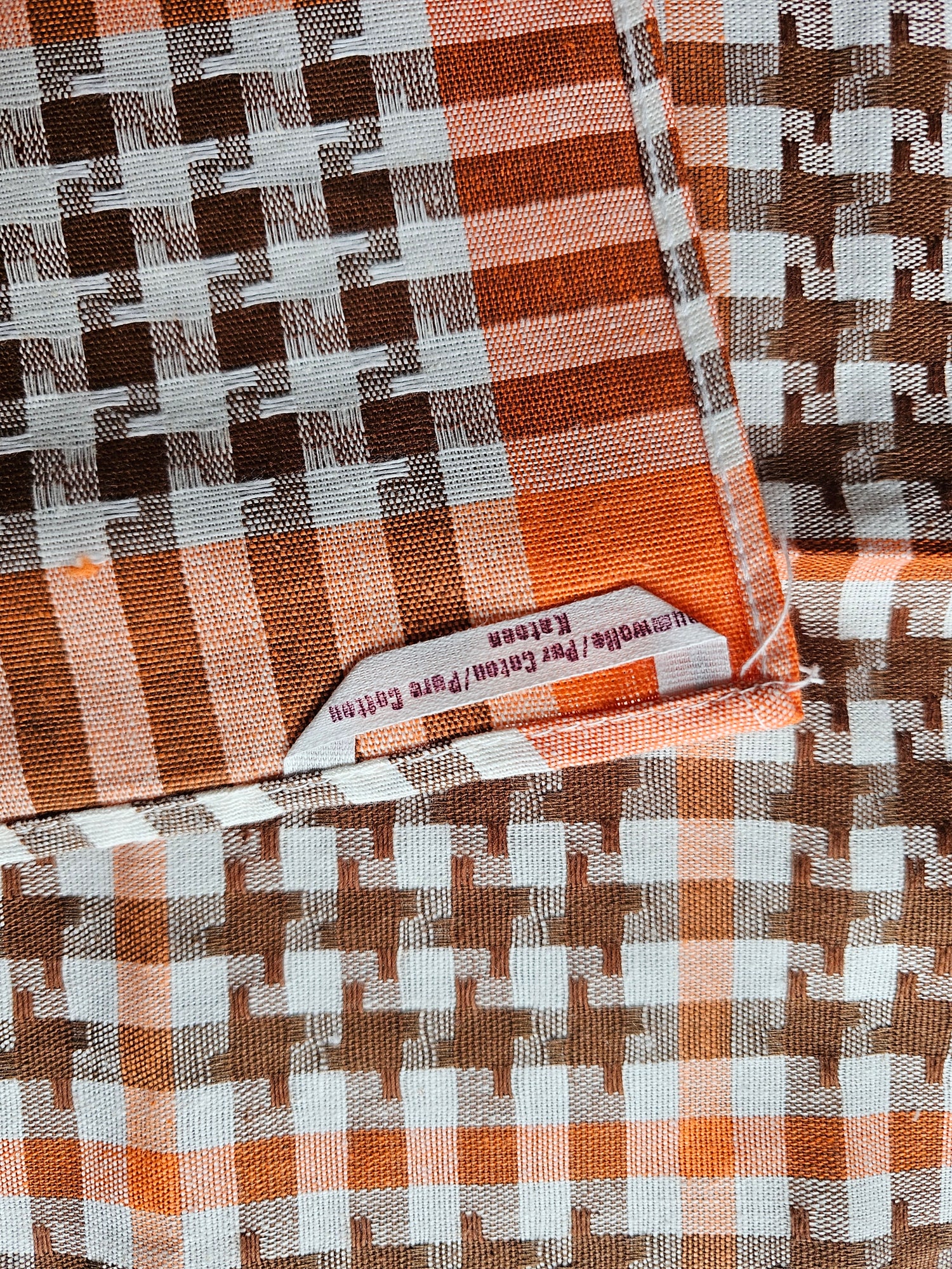 Vintage theedoek jaren 70 oranje bruine ruiten, katoen