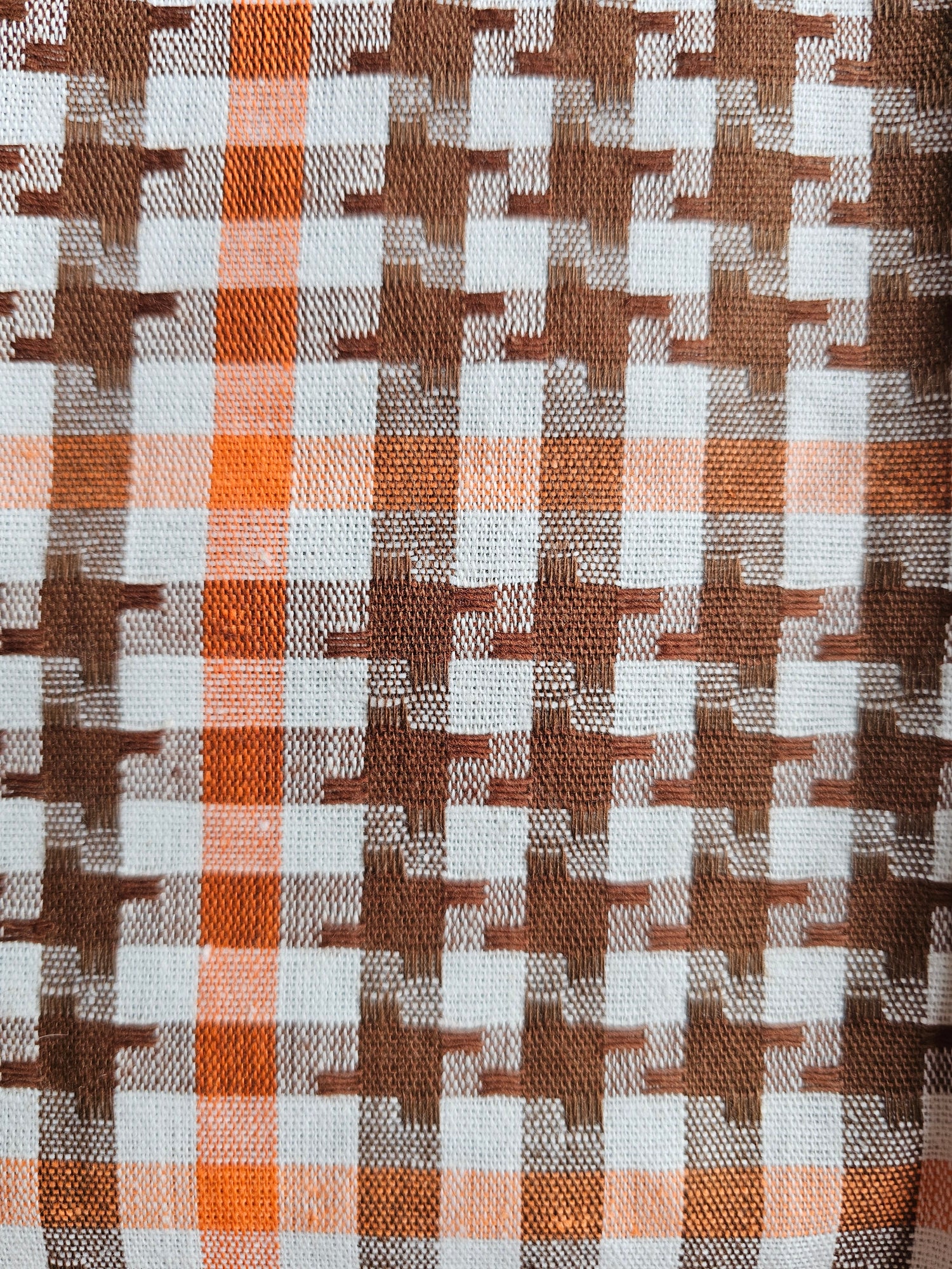 Vintage theedoek jaren 70 oranje bruine ruiten, katoen