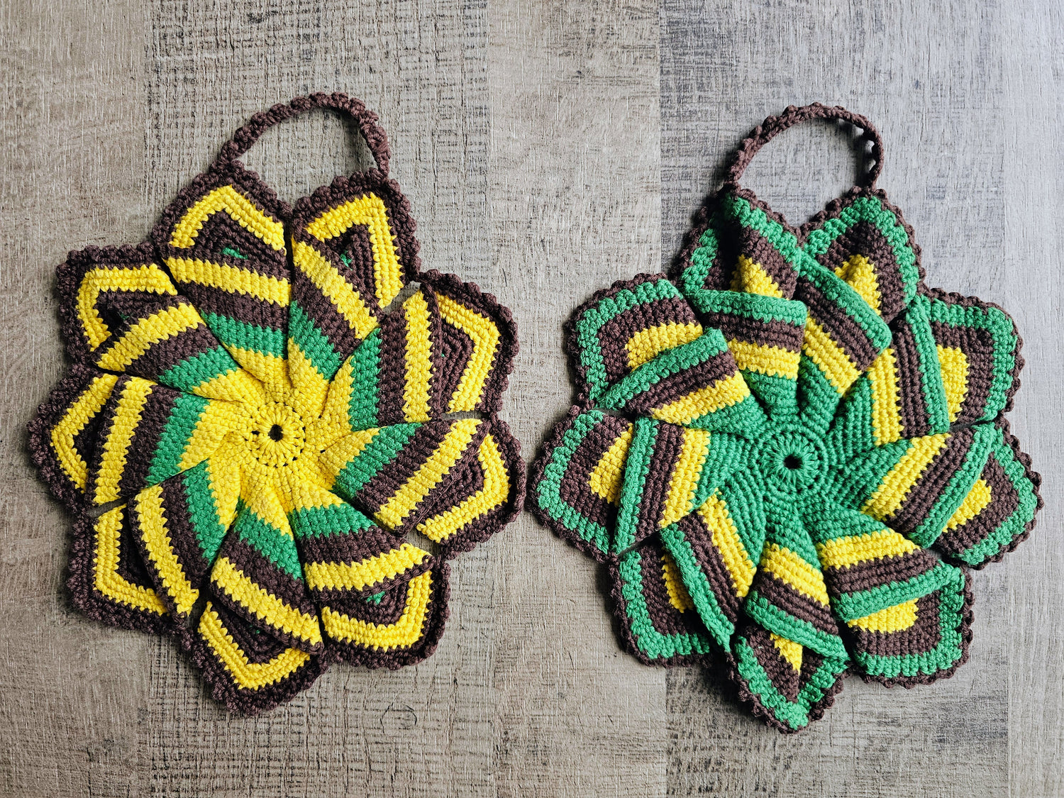 Gehaakte pannenlappen groen geel